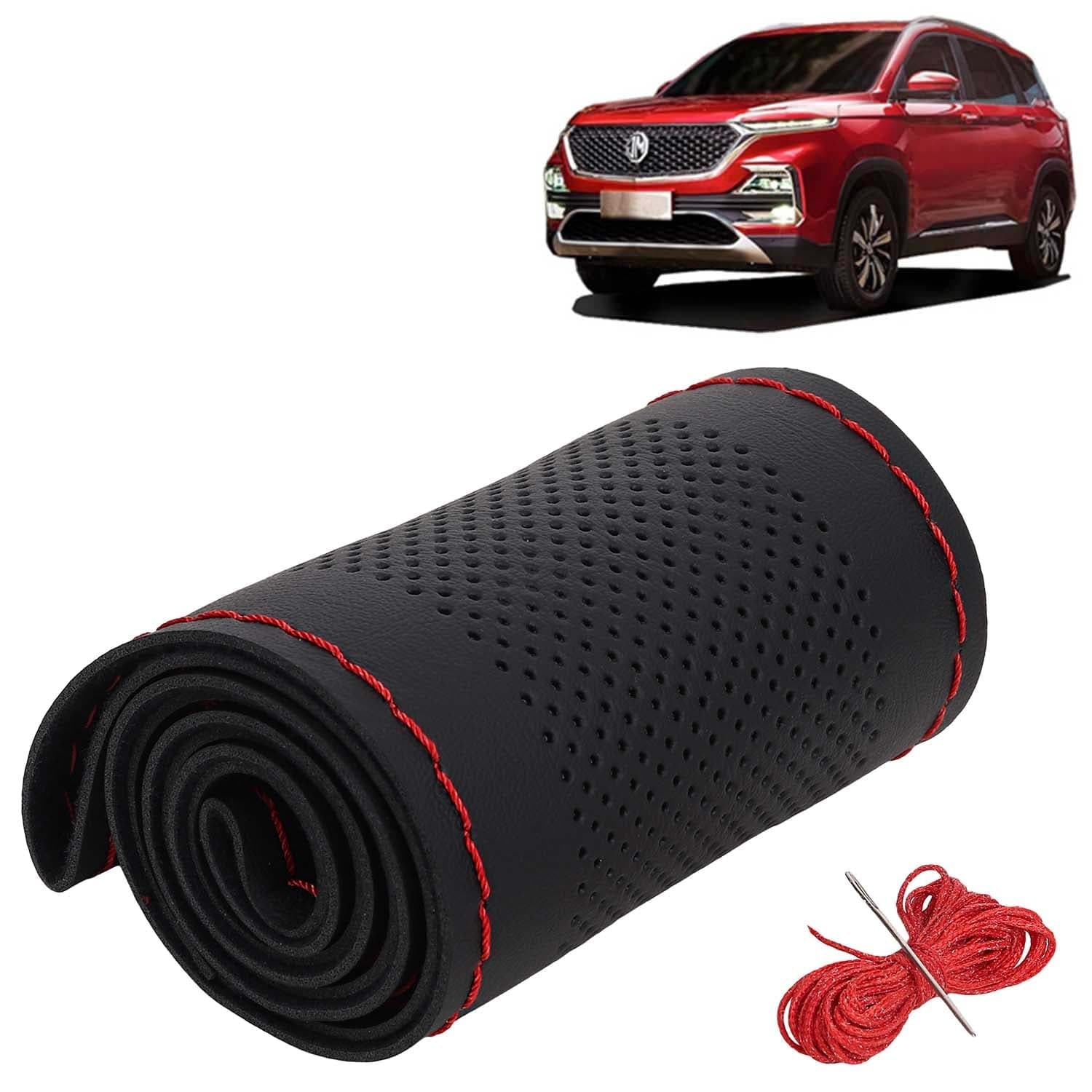 Morris Garages (MG) Hector Car Steering Wheel Cover PU Leatherite Sewable Compatible with (Year 2019 - 2022), Black Color with Red Thread, Pack of 1 with Sewing Needle and Thread