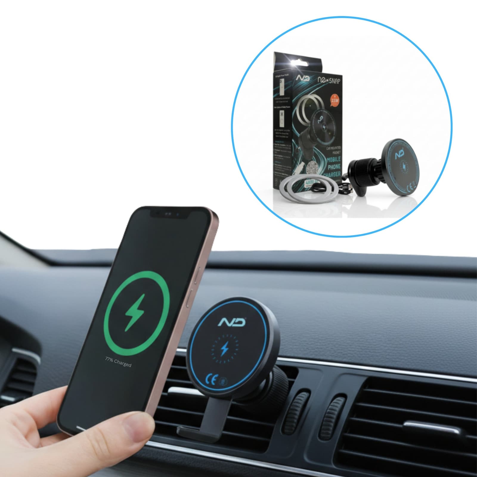 'NeoSnap' Wireless Qi Charger & Magnetic Phone Holder for Car AC Vent