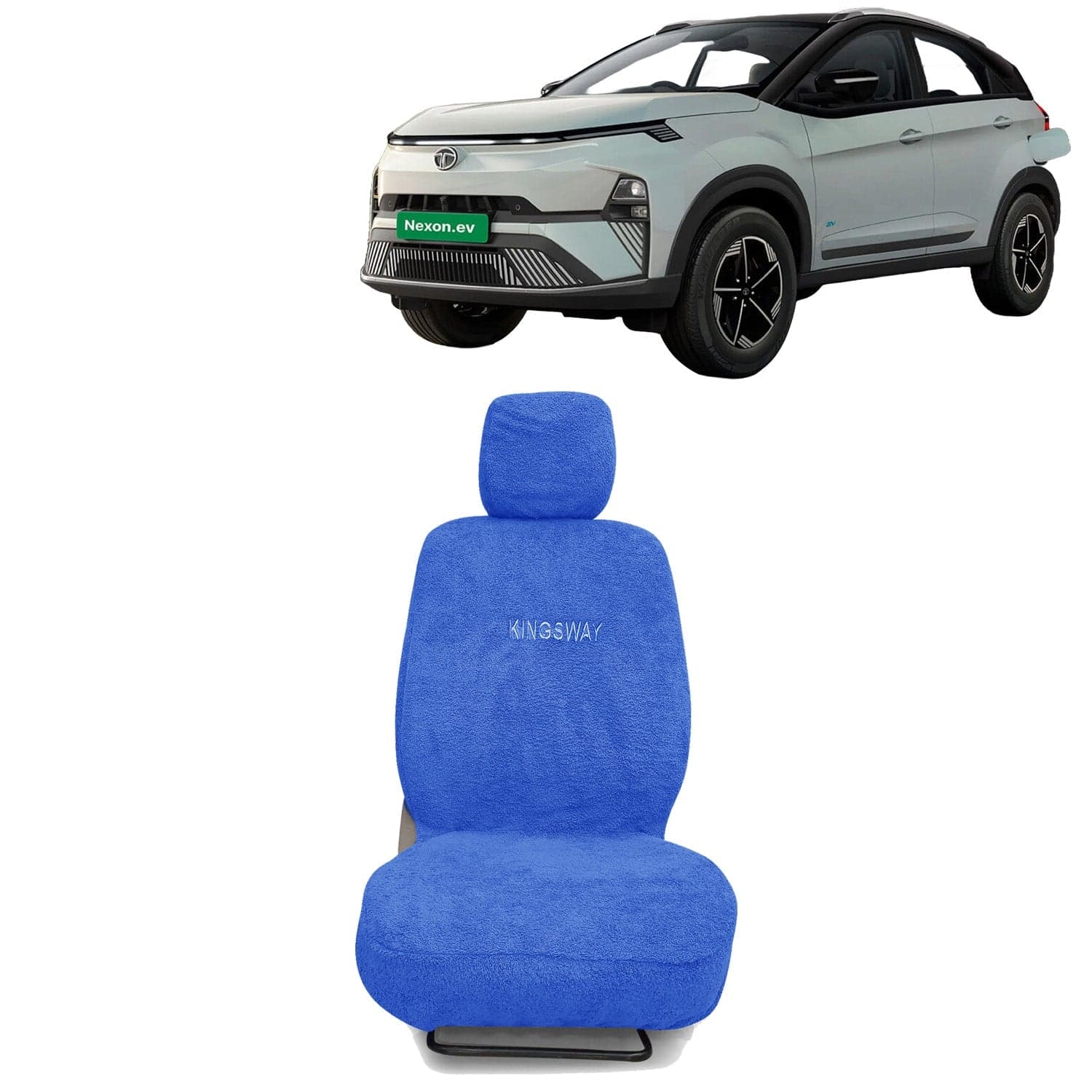 Nexon EV Seat Cover for (Year 2023 Onwards) All Model, Towel Fabric Car Seat Covers Compatible with Tata Nexon EV, Complete Set (Car Specific Front + Rear Seat Covers), Blue Color