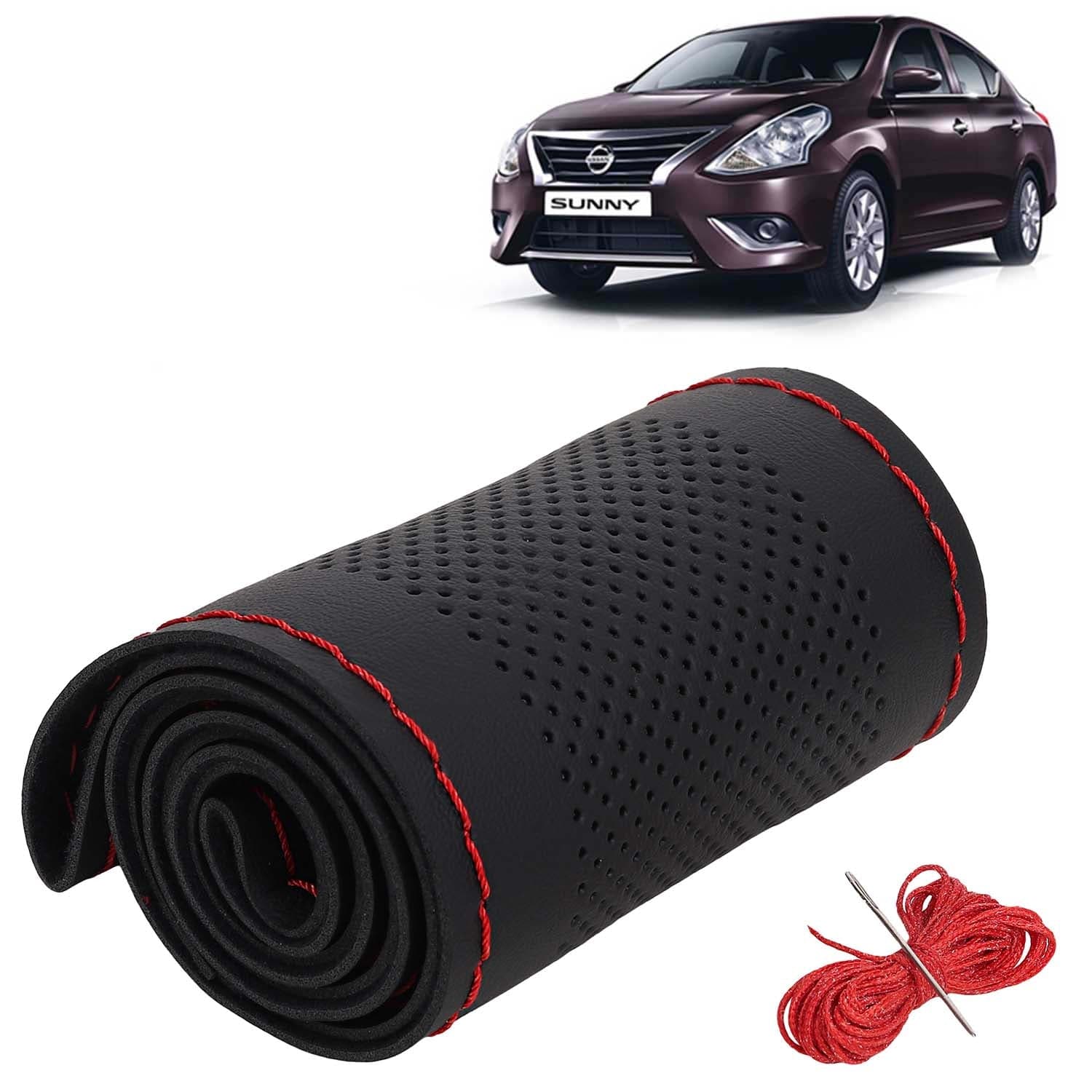 Nissan Sunny Car Steering Wheel Cover PU Leatherite Sewable Compatible with (Year 2014 Onwards), Black Color with Red Thread, Pack of 1 with Sewing Needle and Thread