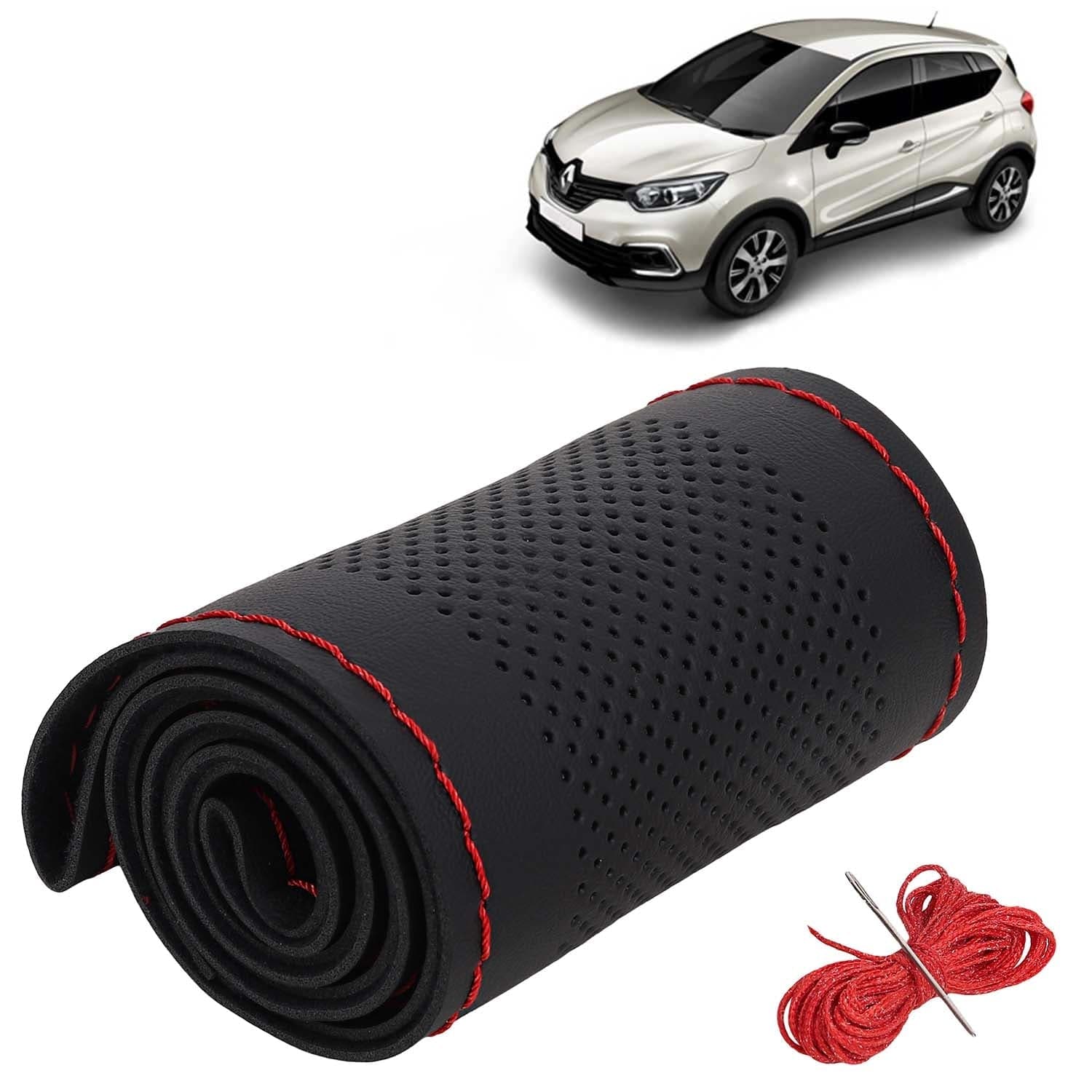 Renault Captur Car Steering Wheel Cover PU Leatherite Sewable Compatible with (Year 2017 Onwards), Black Color with Red Thread, Pack of 1 with Sewing Needle and Thread