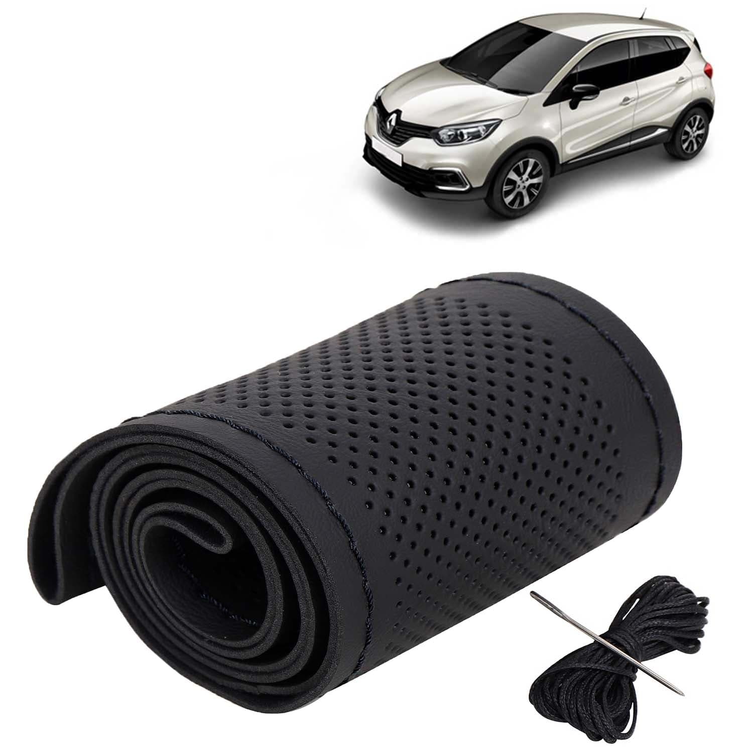 Renault Captur Car Steering Wheel Cover PU Leatherite Sewable Compatible with (Year 2017 Onwards), Black Color with Black Thread, Pack of 1 with Sewing Needle and Thread