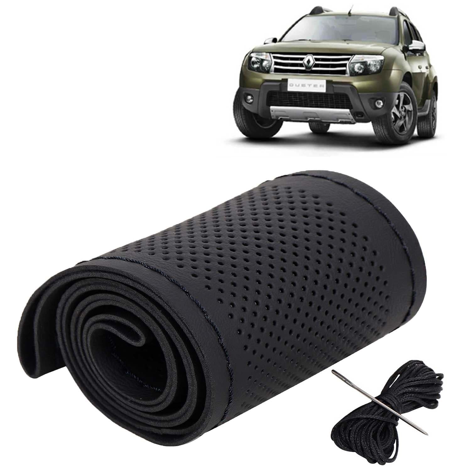Renault Duster Car Steering Wheel Cover PU Leatherite Sewable Compatible with (Year 2012 - 2014), Black Color with Black Thread, Pack of 1 with Sewing Needle and Thread