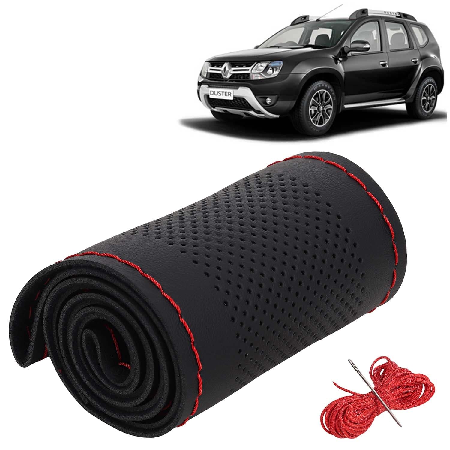 Renault Duster Car Steering Wheel Cover PU Leatherite Sewable Compatible with (Year 2014 Onwards), Black Color with Red Thread, Pack of 1 with Sewing Needle and Thread