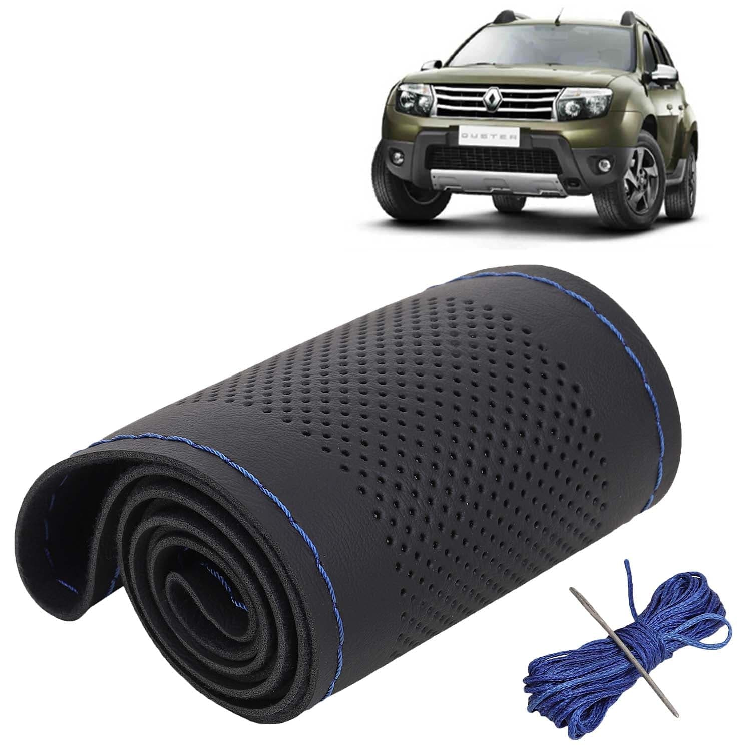 Renault Duster Car Steering Wheel Cover PU Leatherite Sewable Compatible with (Year 2012 - 2014), Black Color with Blue Thread, Pack of 1 with Sewing Needle and Thread
