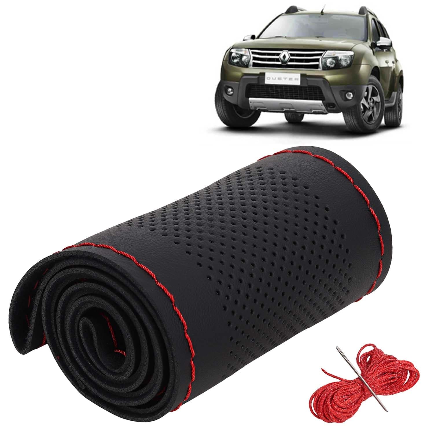 Renault Duster Car Steering Wheel Cover PU Leatherite Sewable Compatible with (Year 2012 - 2014), Black Color with Red Thread, Pack of 1 with Sewing Needle and Thread