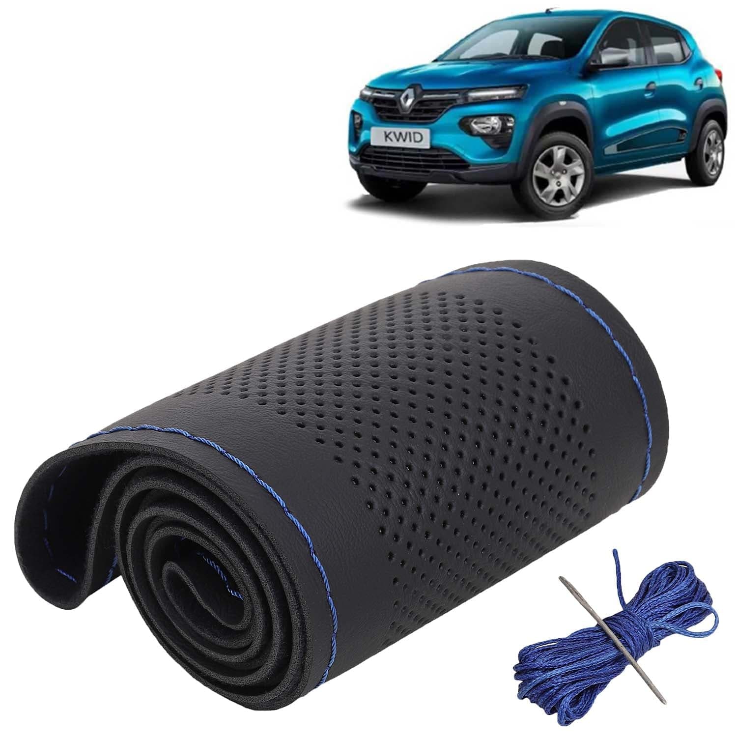 Renault Kwid Car Steering Wheel Cover PU Leatherite Sewable Compatible with (Year 2019 Onwards), Black Color with Blue Thread, Pack of 1 with Sewing Needle and Thread