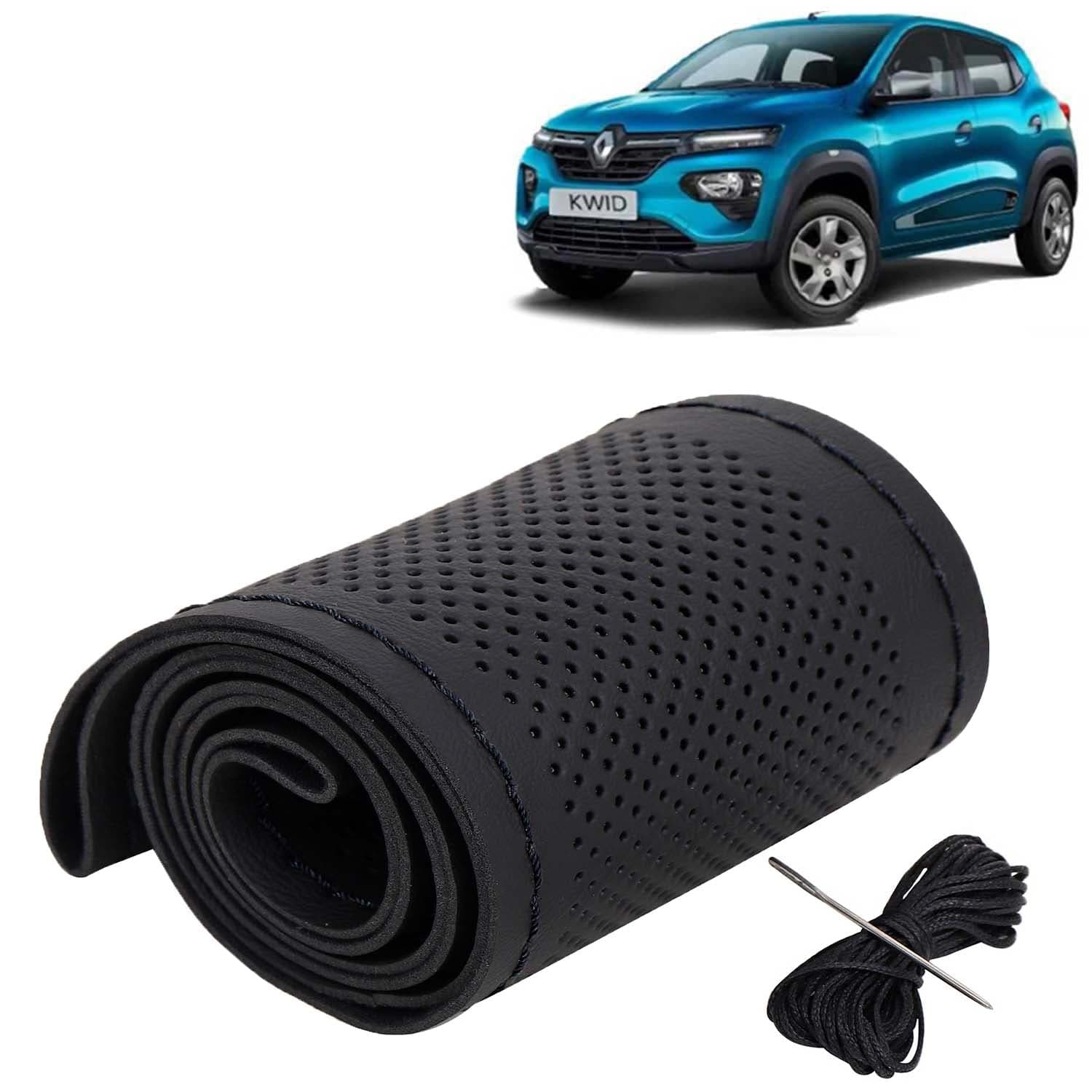 Renault Kwid Car Steering Wheel Cover PU Leatherite Sewable Compatible with (Year 2019 Onwards), Black Color with Black Thread, Pack of 1 with Sewing Needle and Thread