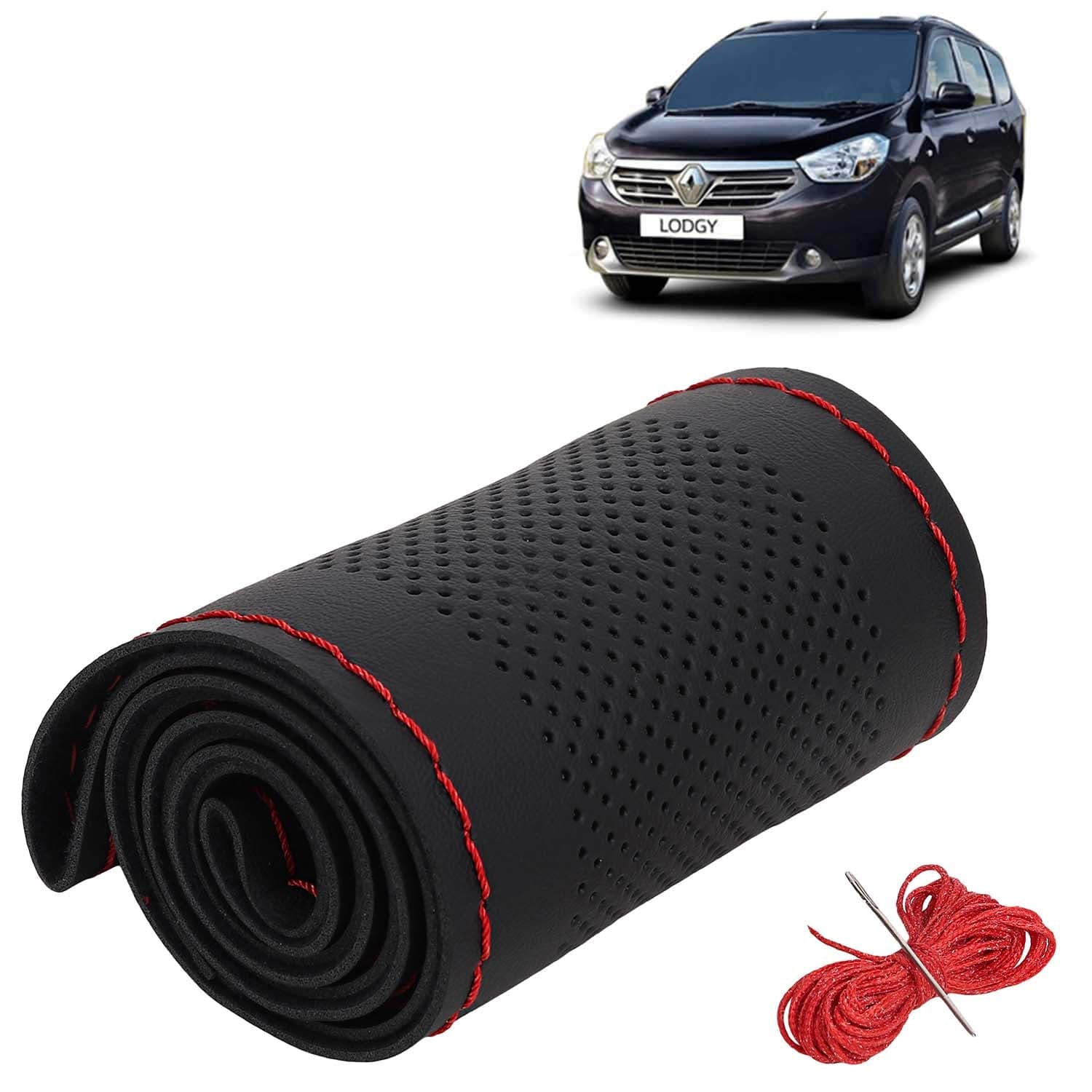 Renault Lodgy Car Steering Wheel Cover PU Leatherite Sewable Compatible with (Year 2015 Onwards), Black Color with Red Thread, Pack of 1 with Sewing Needle and Thread