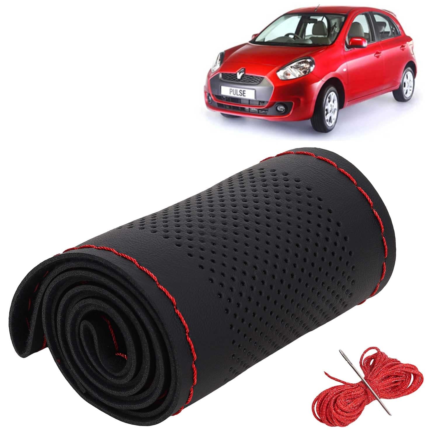 Renault Pulse Car Steering Wheel Cover PU Leatherite Sewable Compatible with (Year 2012 - 2018), Black Color with Red Thread, Pack of 1 with Sewing Needle and Thread