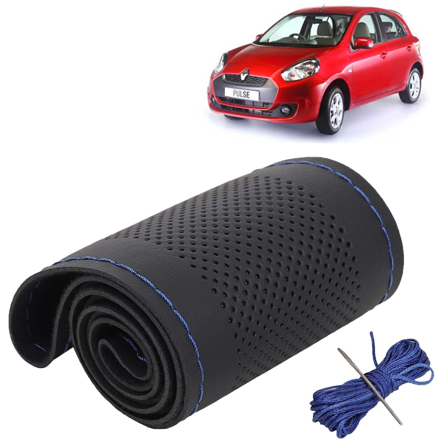 Renault Pulse Car Steering Wheel Cover PU Leatherite Sewable Compatible with (Year 2012 - 2018), Black Color with Blue Thread, Pack of 1 with Sewing Needle and Thread