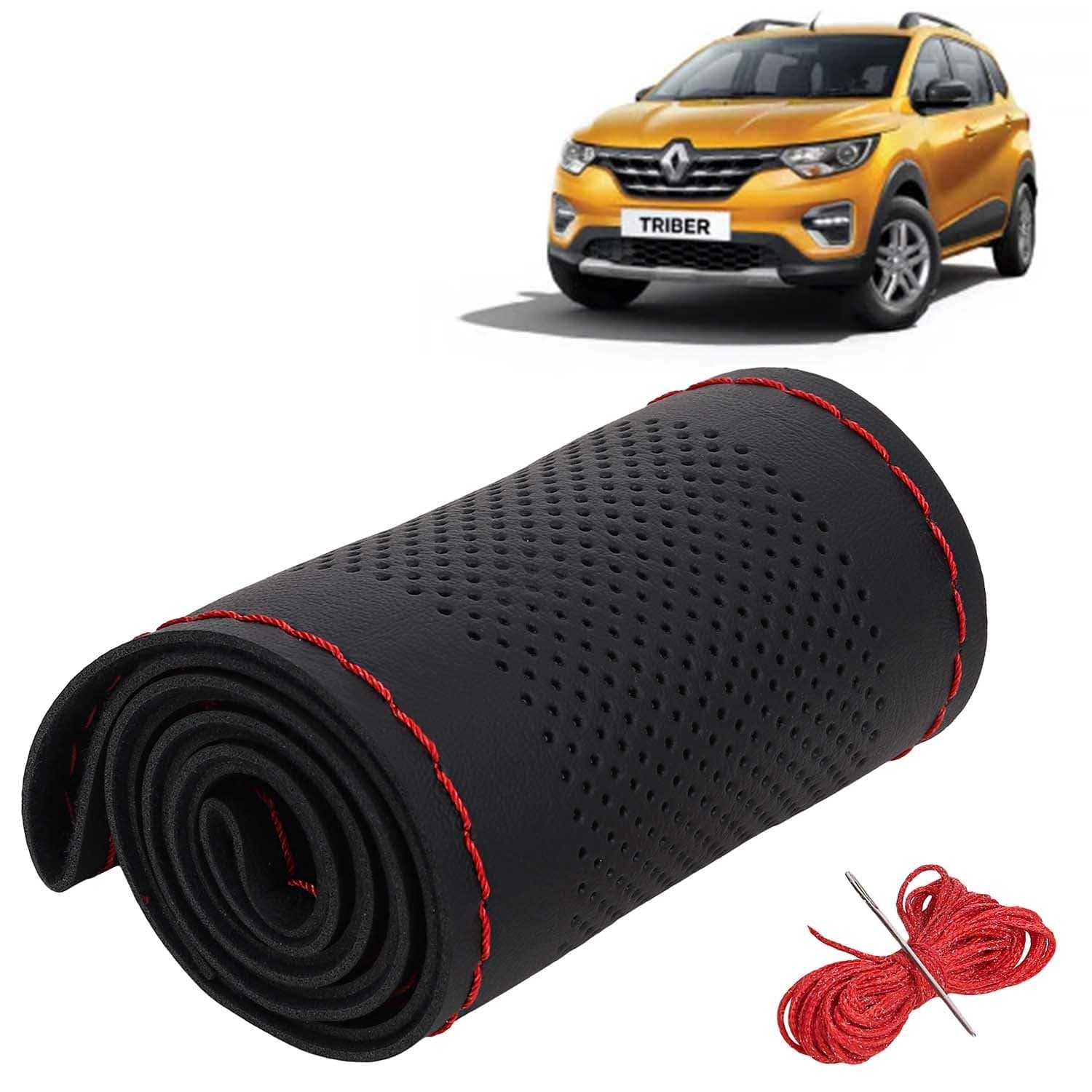 Renault Triber Car Steering Wheel Cover PU Leatherite Sewable Compatible with (Year 2019 Onwards), Black Color with Red Thread, Pack of 1 with Sewing Needle and Thread