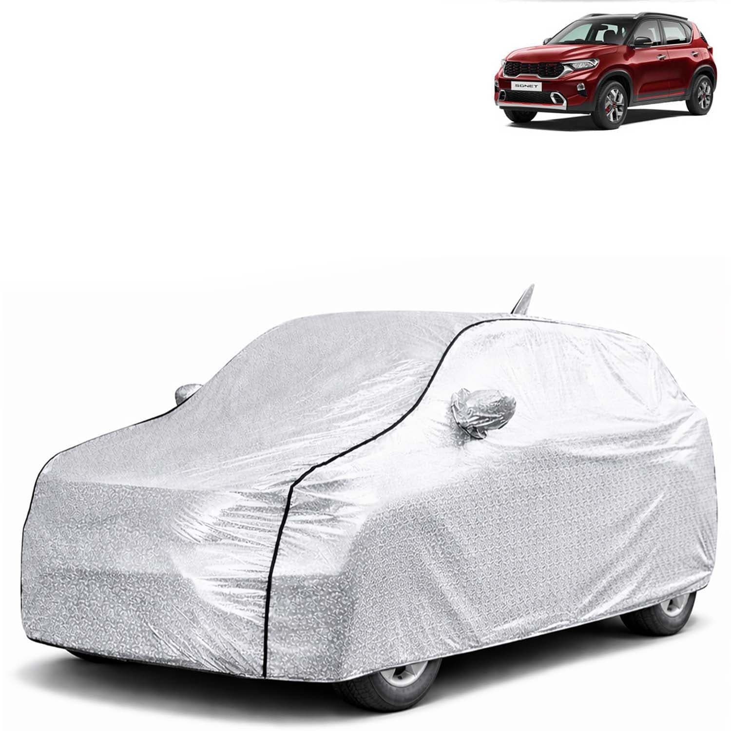 SilverTech 100% Waterproof Car Cover Only Perfect Fit with Kia Sonet (Year 2020 to 2024 - All Model) | Mirror and Antenna Pockets | Scratchproof | All Weather Car Body Cover