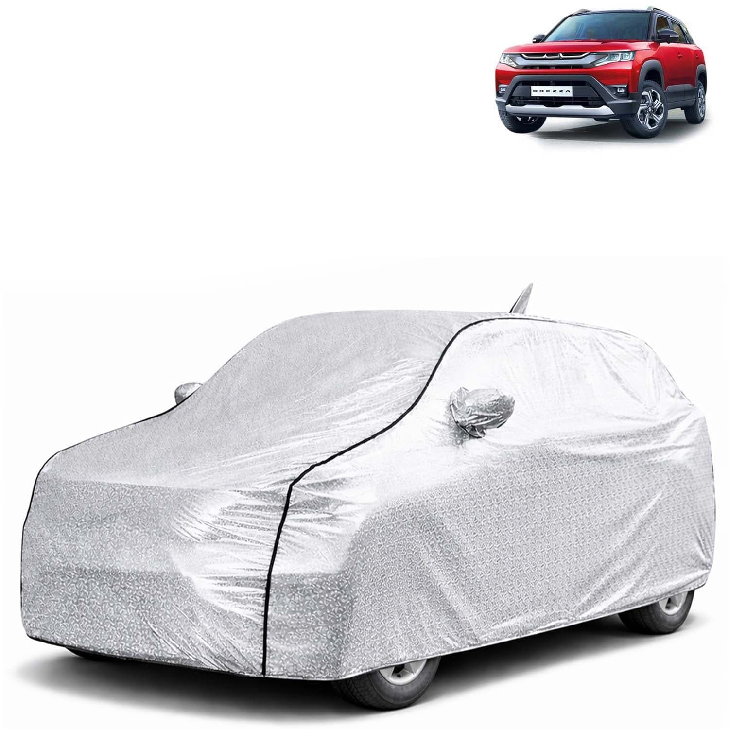 SilverTech 100% Waterproof Car Cover Only Perfect Fit with Maruti Suzuki Brezza (Year 2022 Onwards - All Model) | Mirror and Antenna Pockets | Scratchproof | All Weather Car Body Cover