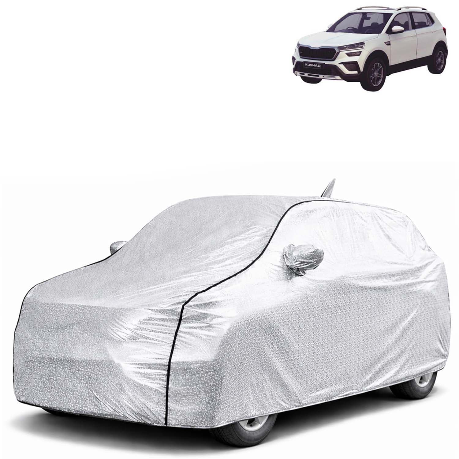SilverTech 100% Waterproof Car Cover Only Perfect Fit with Skoda Kushaq (Year 2021 to 2025 - All Model) | Mirror and Antenna Pockets | Scratchproof | All Weather Car Body Cover