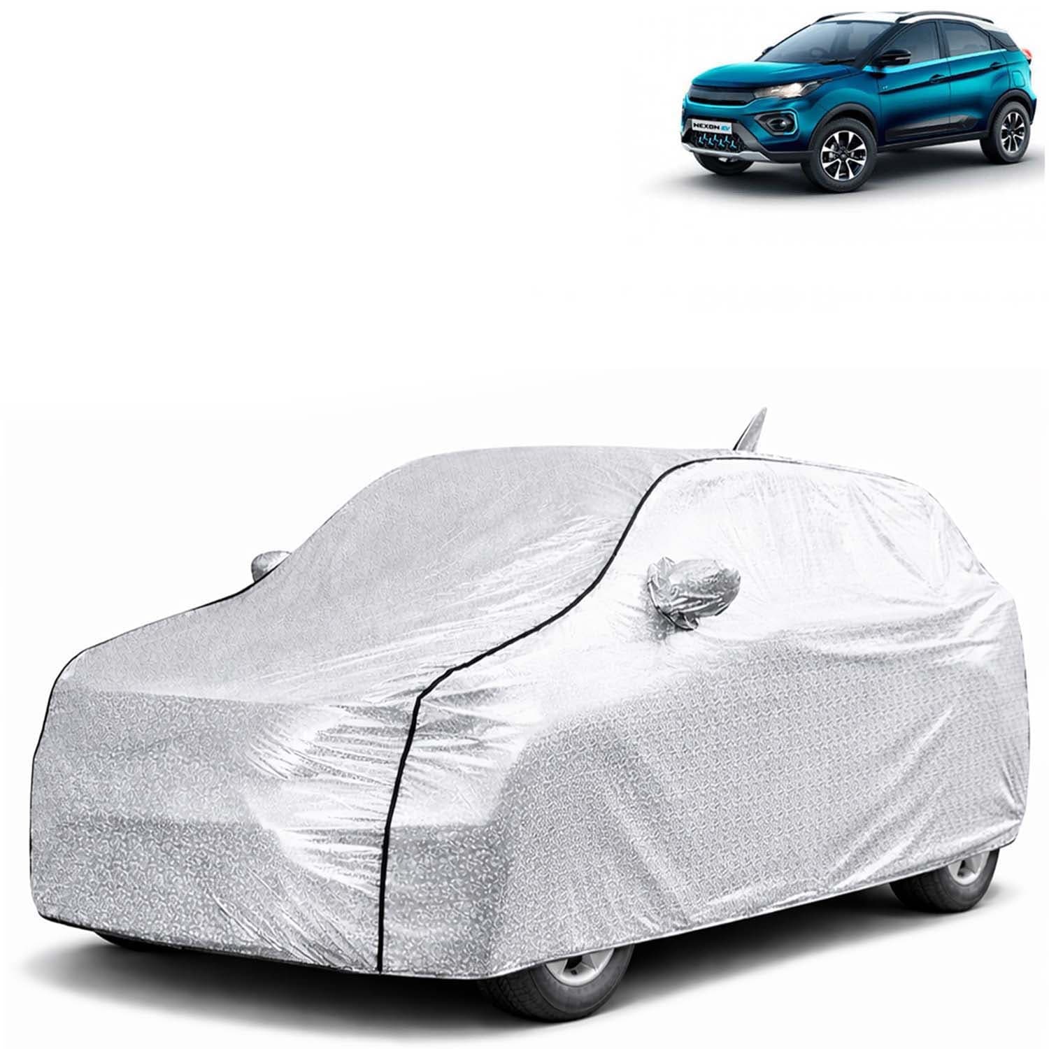 SilverTech 100% Waterproof Car Cover Only Perfect Fit with Tata Nexon EV (Year 2020 to 2023 - All Model) | Mirror and Antenna Pockets | Scratchproof | All Weather Car Body Cover