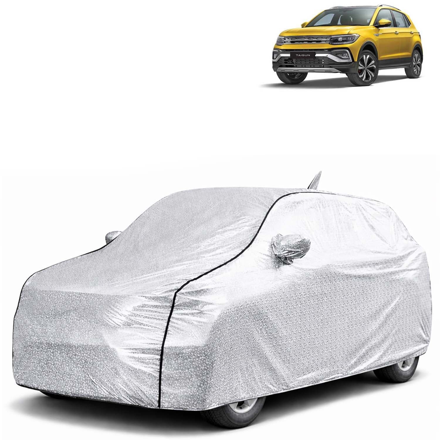 SilverTech 100% Waterproof Car Cover Only Perfect Fit with Volkswagen Taigun (Year 2021 to 2026 - All Model) | Mirror and Antenna Pockets | Scratchproof | All Weather Car Body Cover