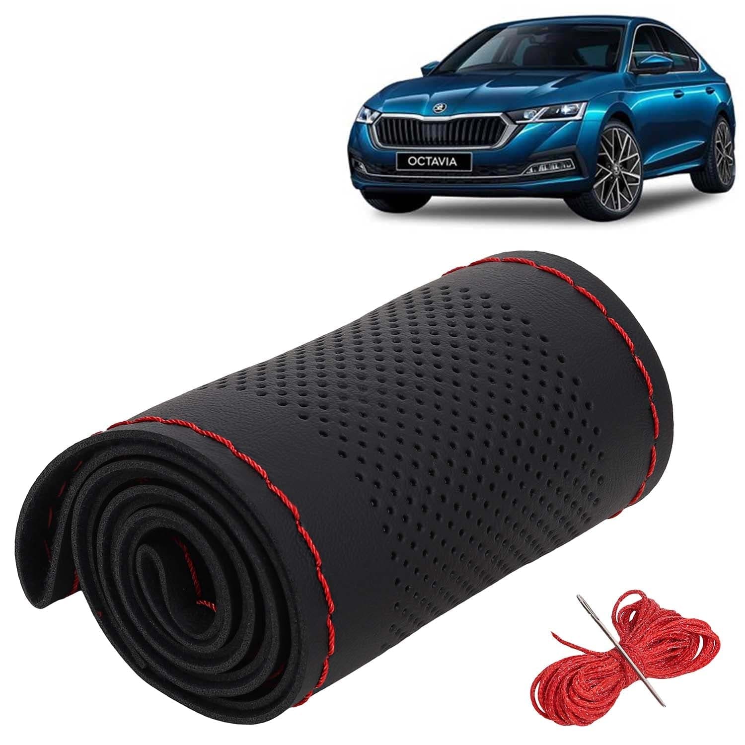 Skoda Octavia Car Steering Wheel Cover PU Leatherite Sewable Compatible with (Year 2021 Onwards), Black Color with Red Thread, Pack of 1 with Sewing Needle and Thread