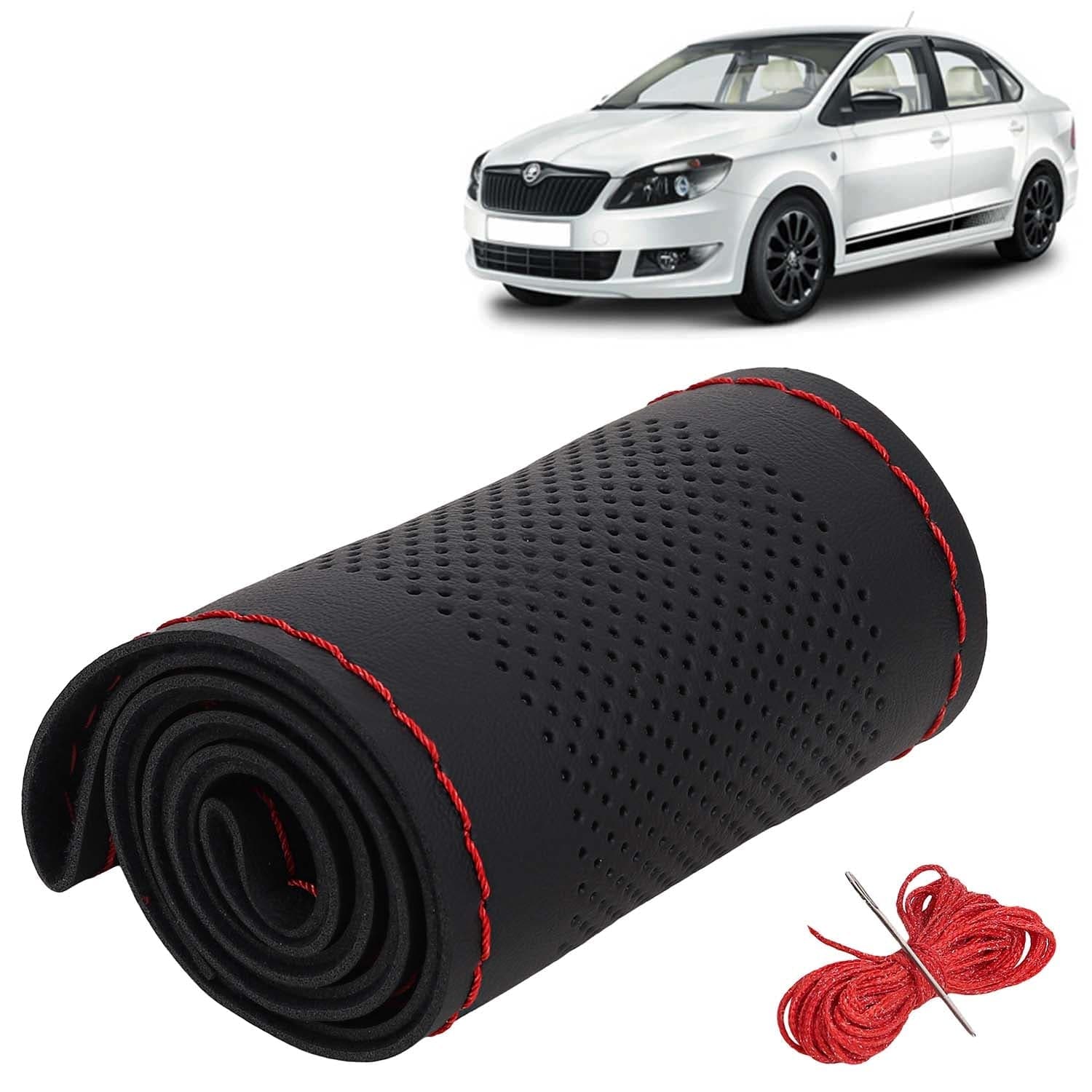 Skoda Rapid Car Steering Wheel Cover PU Leatherite Sewable Compatible with (Year 2017 - 2021), Black Color with Red Thread, Pack of 1 with Sewing Needle and Thread
