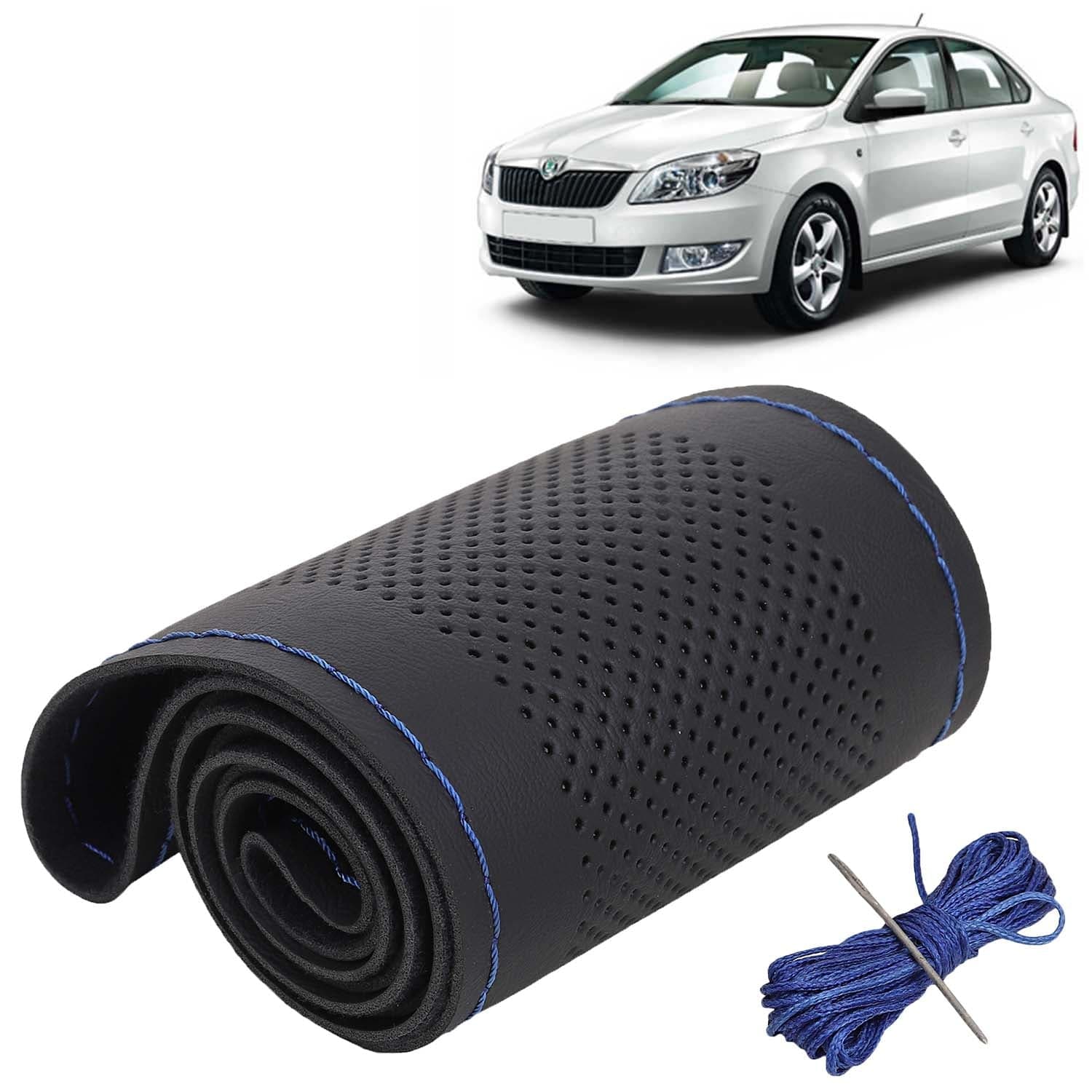 Skoda Rapid Car Steering Wheel Cover PU Leatherite Sewable Compatible with (Year 2011 - 2016), Black Color with Blue Thread, Pack of 1 with Sewing Needle and Thread