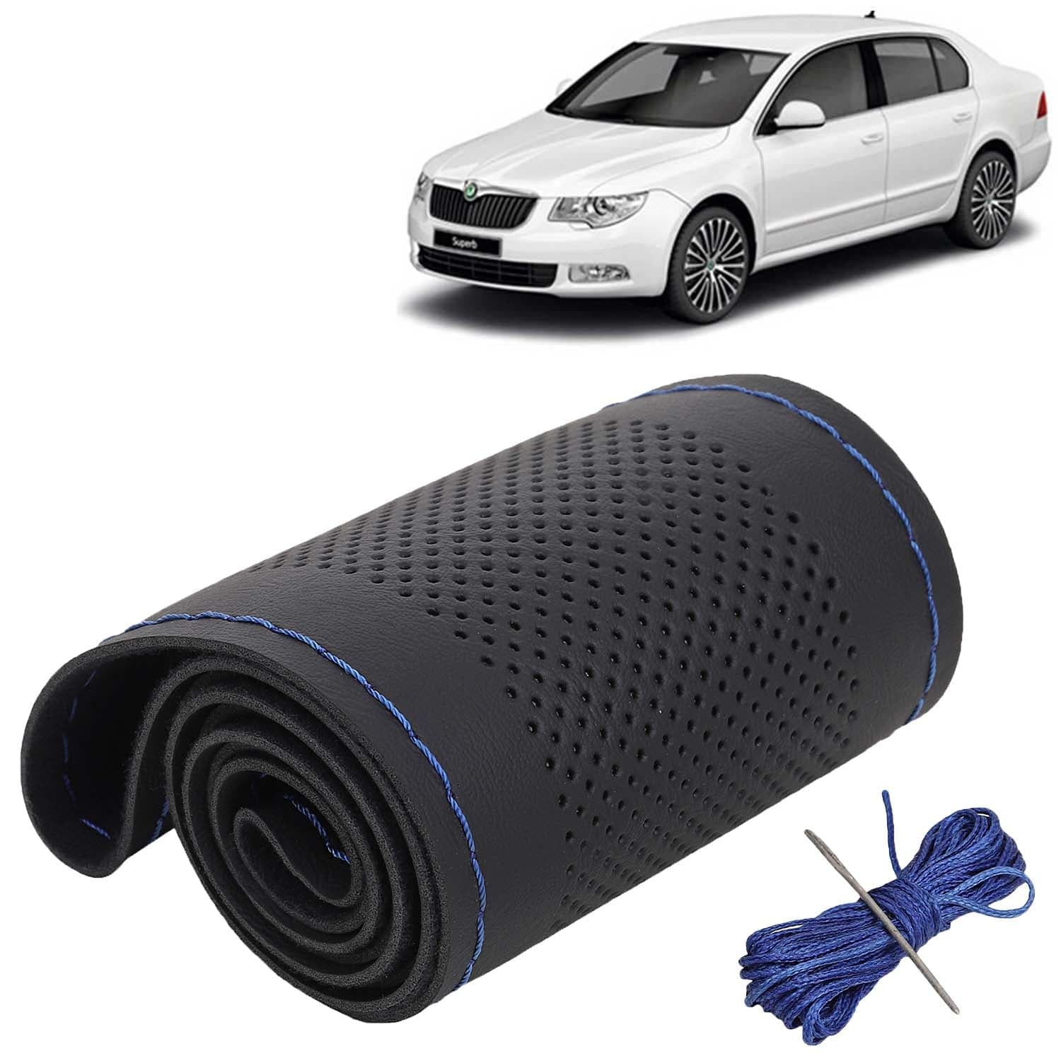 Skoda Superb Car Steering Wheel Cover PU Leatherite Sewable Compatible with (Year 2008 - 2015), Black Color with Blue Thread, Pack of 1 with Sewing Needle and Thread