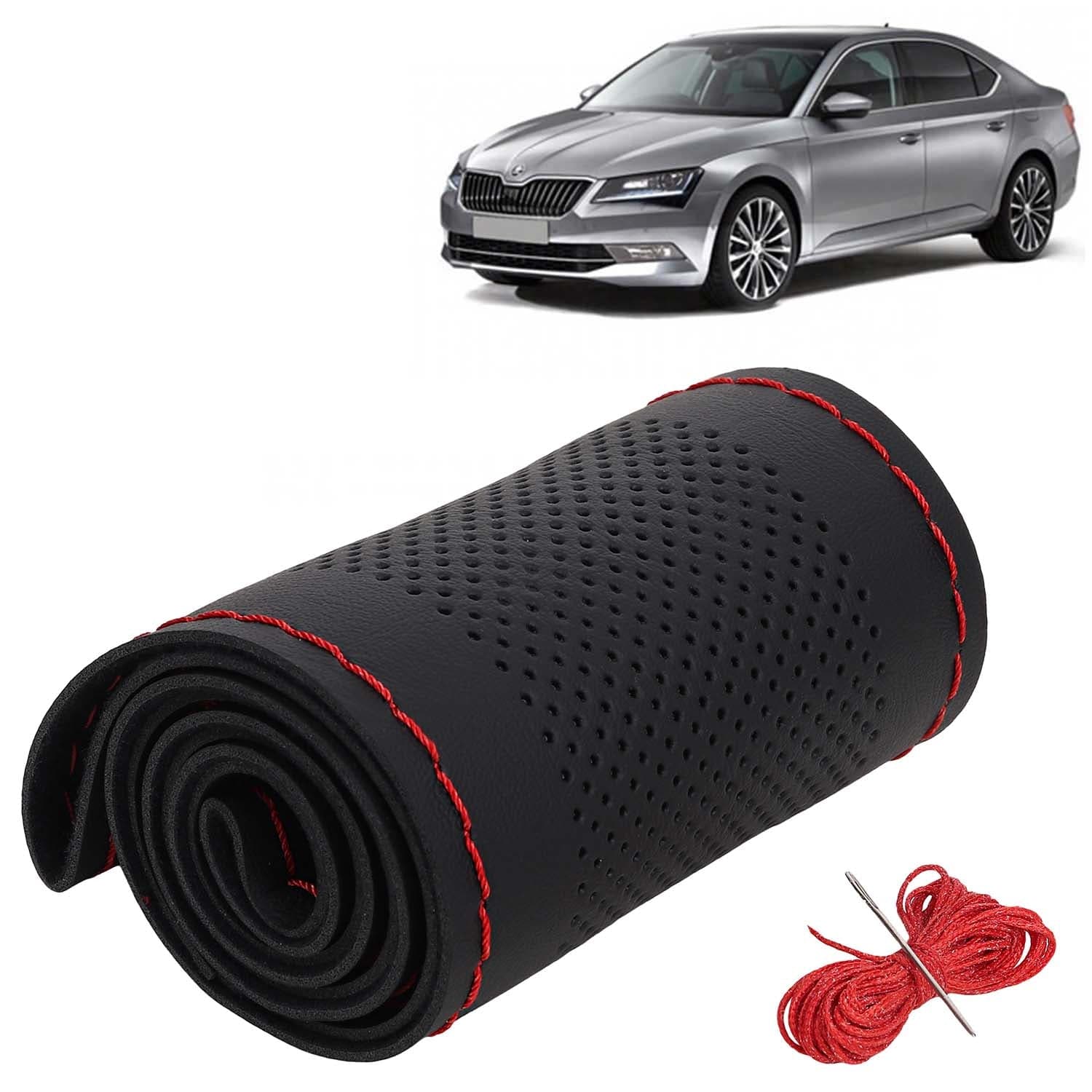 Skoda Superb Car Steering Wheel Cover PU Leatherite Sewable Compatible with (Year 2015 - 2019), Black Color with Red Thread, Pack of 1 with Sewing Needle and Thread