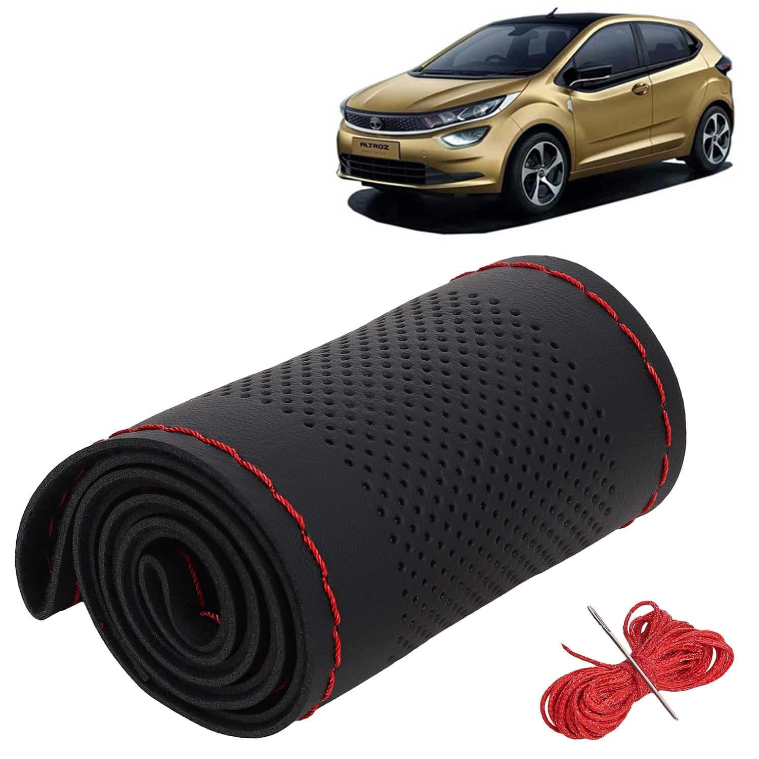 Tata Altroz Car Steering Wheel Cover PU Leatherite Sewable Compatible with (Year 2020 Onwards), Black Color with Red Thread, Pack of 1 with Sewing Needle and Thread
