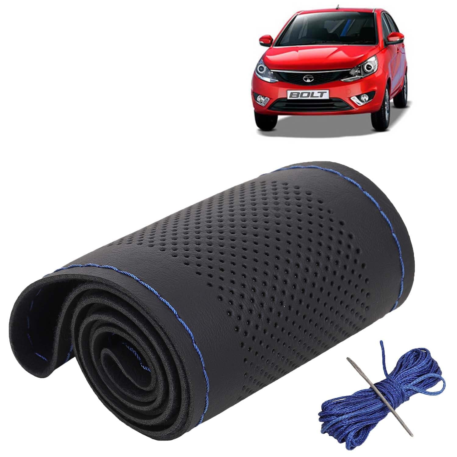 Tata Bolt Car Steering Wheel Cover PU Leatherite Sewable Compatible with (Year 2014 Onwards), Black Color with Blue Thread, Pack of 1 with Sewing Needle and Thread