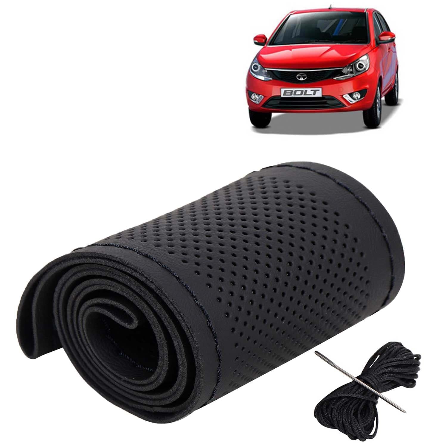 Tata Bolt Car Steering Wheel Cover PU Leatherite Sewable Compatible with (Year 2014 Onwards), Black Color with Black Thread, Pack of 1 with Sewing Needle and Thread