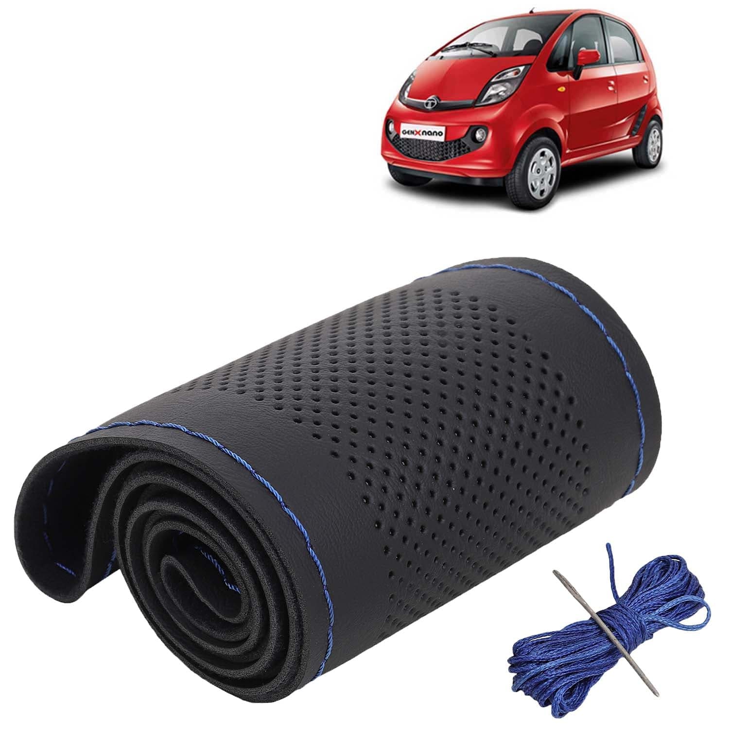 Tata Nano Car Steering Wheel Cover PU Leatherite Sewable Compatible with (Year 2008 Onwards), Black Color with Blue Thread, Pack of 1 with Sewing Needle and Thread