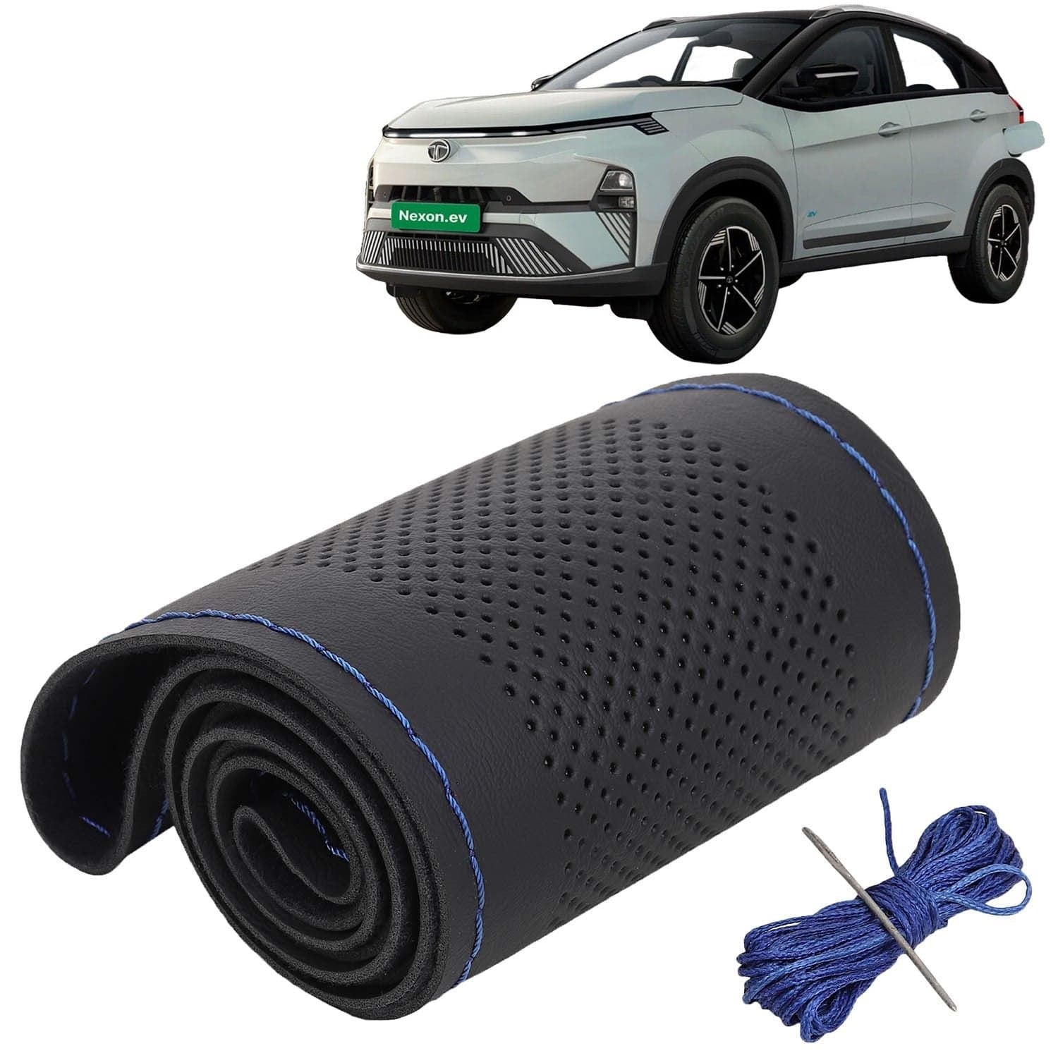 Tata Nexon EV Car Steering Wheel Cover PU Leatherite Sewable Compatible with (Year 2023 Onwards), Black Color with Blue Thread, Pack of 1 with Sewing Needle and Thread
