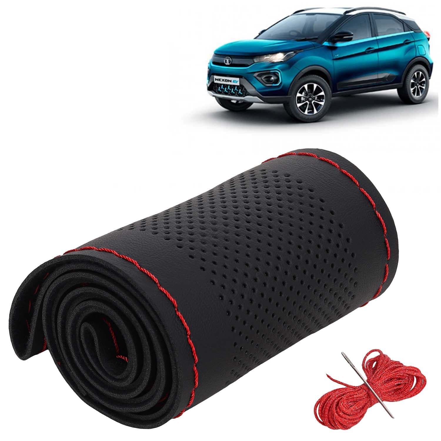 Tata Nexon EV Car Steering Wheel Cover PU Leatherite Sewable Compatible with (Year 2020 - 2023), Black Color with Red Thread, Pack of 1 with Sewing Needle and Thread