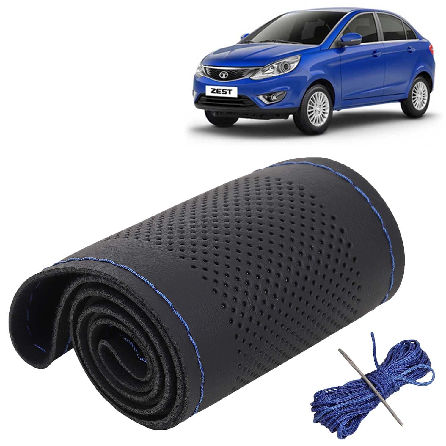 Tata Zest Car Steering Wheel Cover PU Leatherite Sewable Compatible with (Year 2014 Onwards), Black Color with Blue Thread, Pack of 1 with Sewing Needle and Thread
