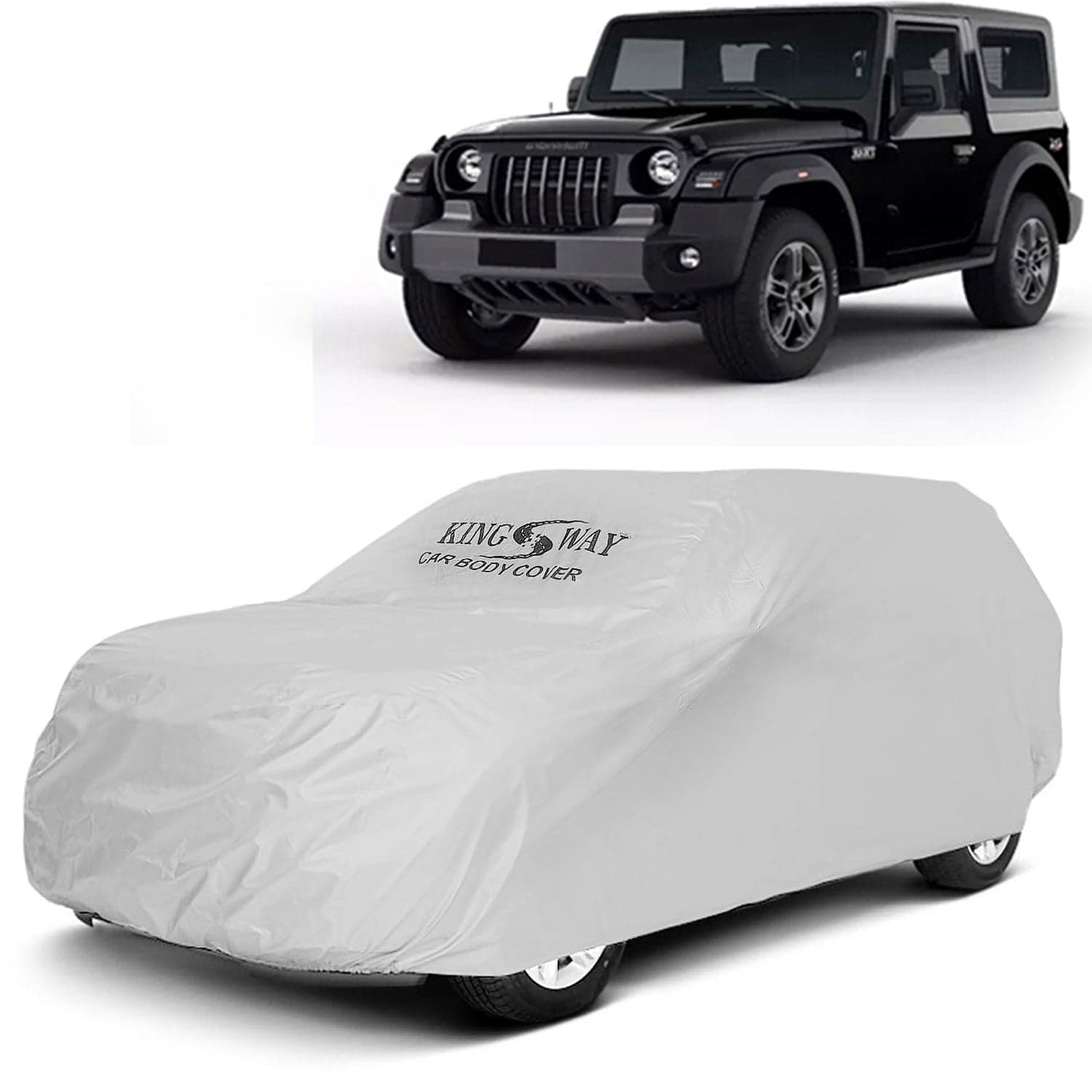 Thar Car Body Cover Dustproof for (Year 2020 Onwards) All Model, Compatible with Mahindra Thar Car Cover, Comes with Bird Droppings, Scratch, UV and Paint Protection, Silver Matty