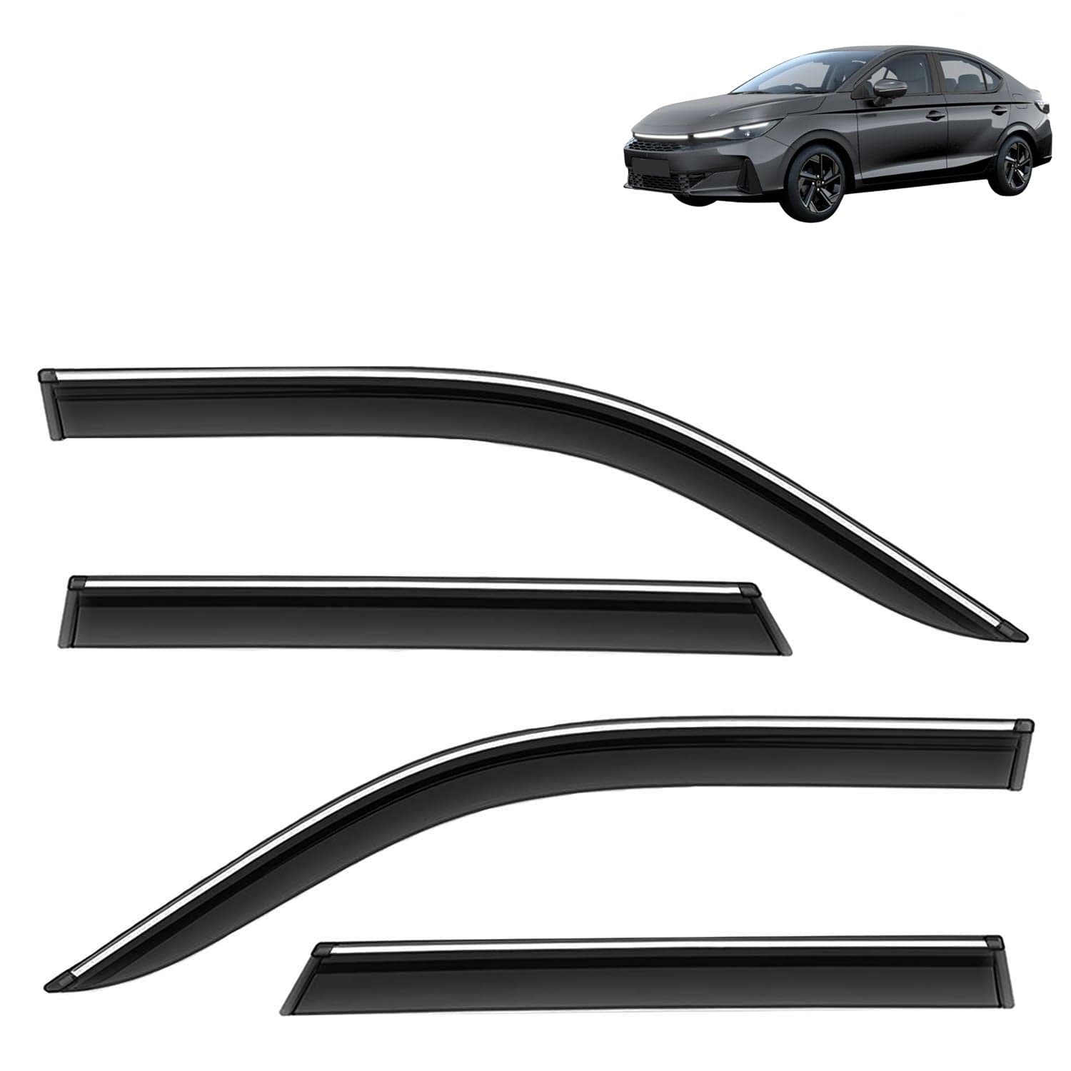 Accessories Chrome Lining Door Visor Only Compatible with Honda City (Year 2026 Onwards) All Model, Premium Chromeline Unbreakable Car Rain Guard Side Rear Wind Deflectors, Set of 4 Pcs