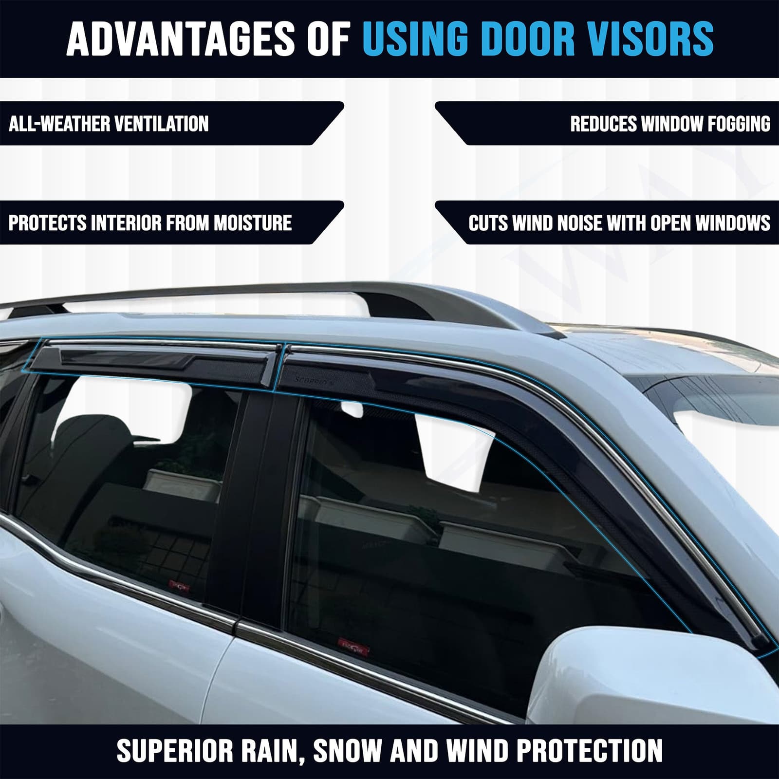 Accessories Chrome Lining Door Visor Only Compatible with Hyundai Alcazar (Year 2024 Onwards) All Model, Premium Chromeline Unbreakable Car Rain Guard Side Rear Wind Deflectors, Set of 4 Pcs