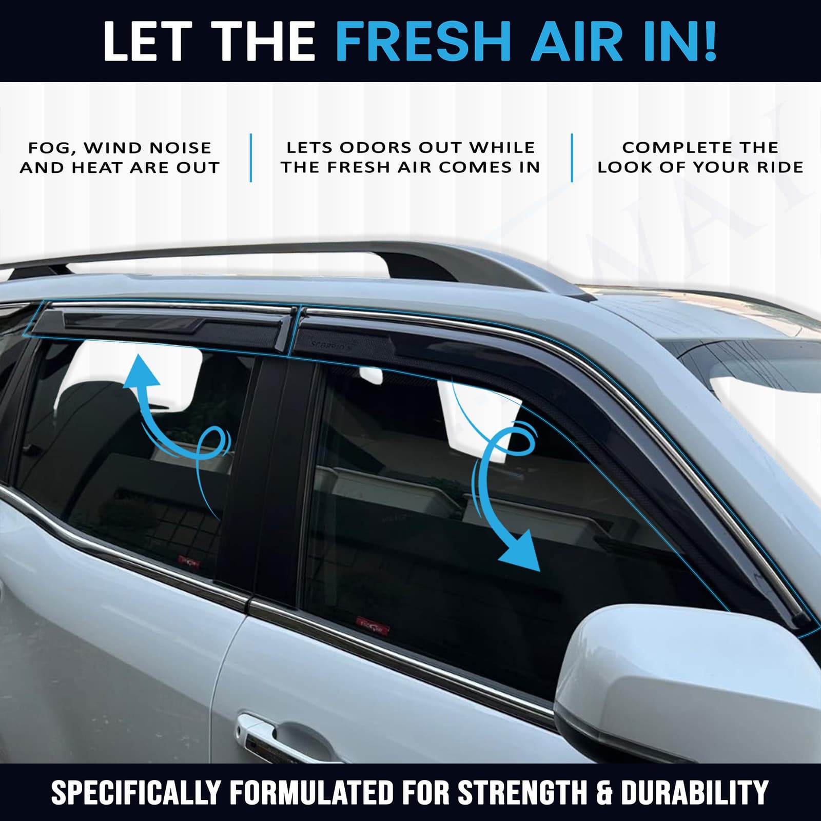 Accessories Chrome Lining Door Visor Only Compatible with Hyundai Alcazar (Year 2024 Onwards) All Model, Premium Chromeline Unbreakable Car Rain Guard Side Rear Wind Deflectors, Set of 4 Pcs