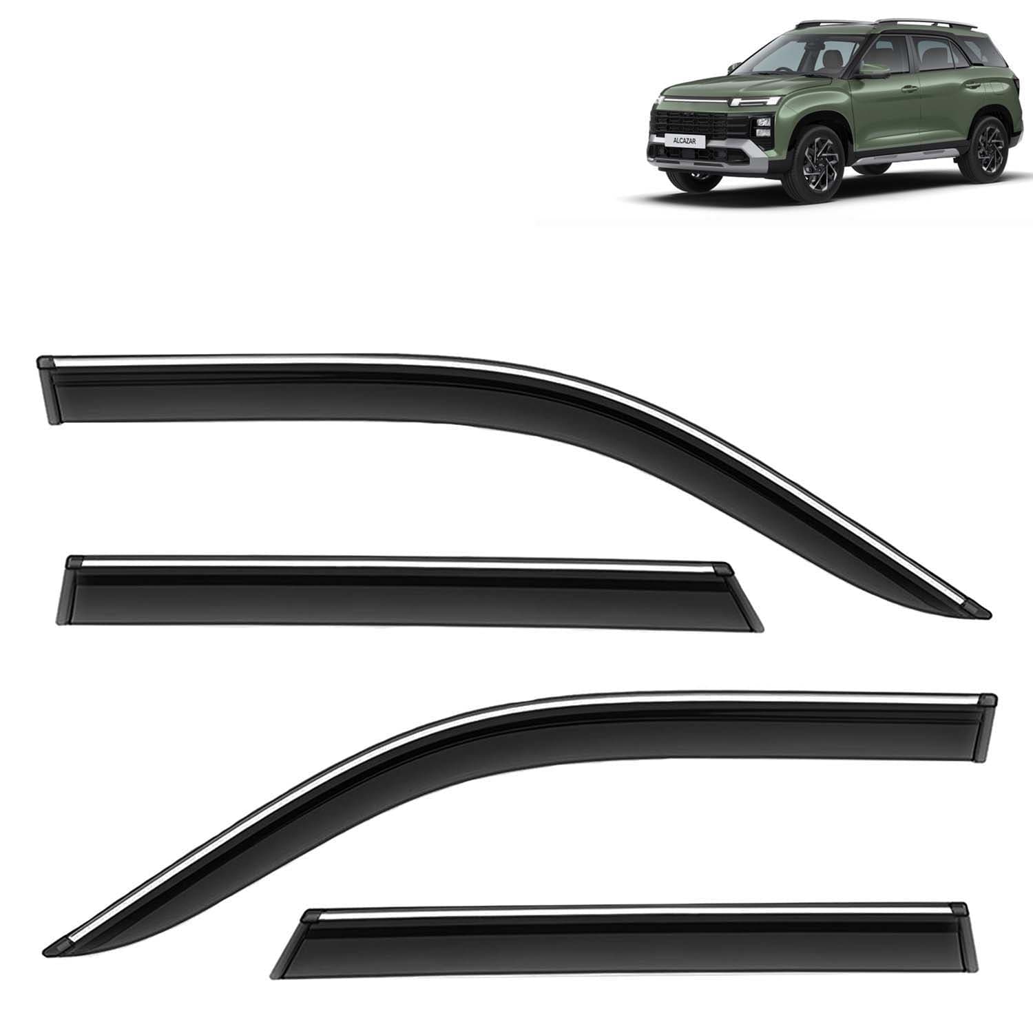 Accessories Chrome Lining Door Visor Only Compatible with Hyundai Alcazar (Year 2024 Onwards) All Model, Premium Chromeline Unbreakable Car Rain Guard Side Rear Wind Deflectors, Set of 4 Pcs