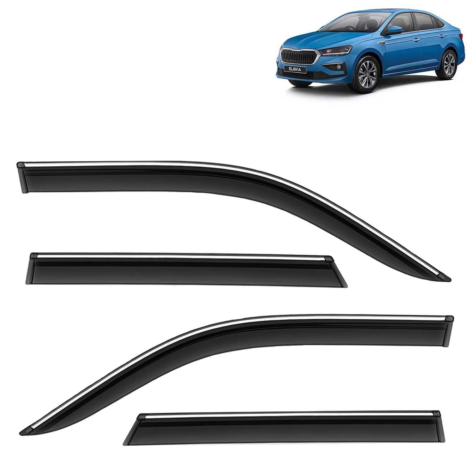 Accessories Chrome Lining Door Visor Only Compatible with Skoda Slavia (Year 2022 Onwards) All Model, Premium Chromeline Unbreakable Car Rain Guard Side Rear Wind Deflectors, Set of 4 Pcs