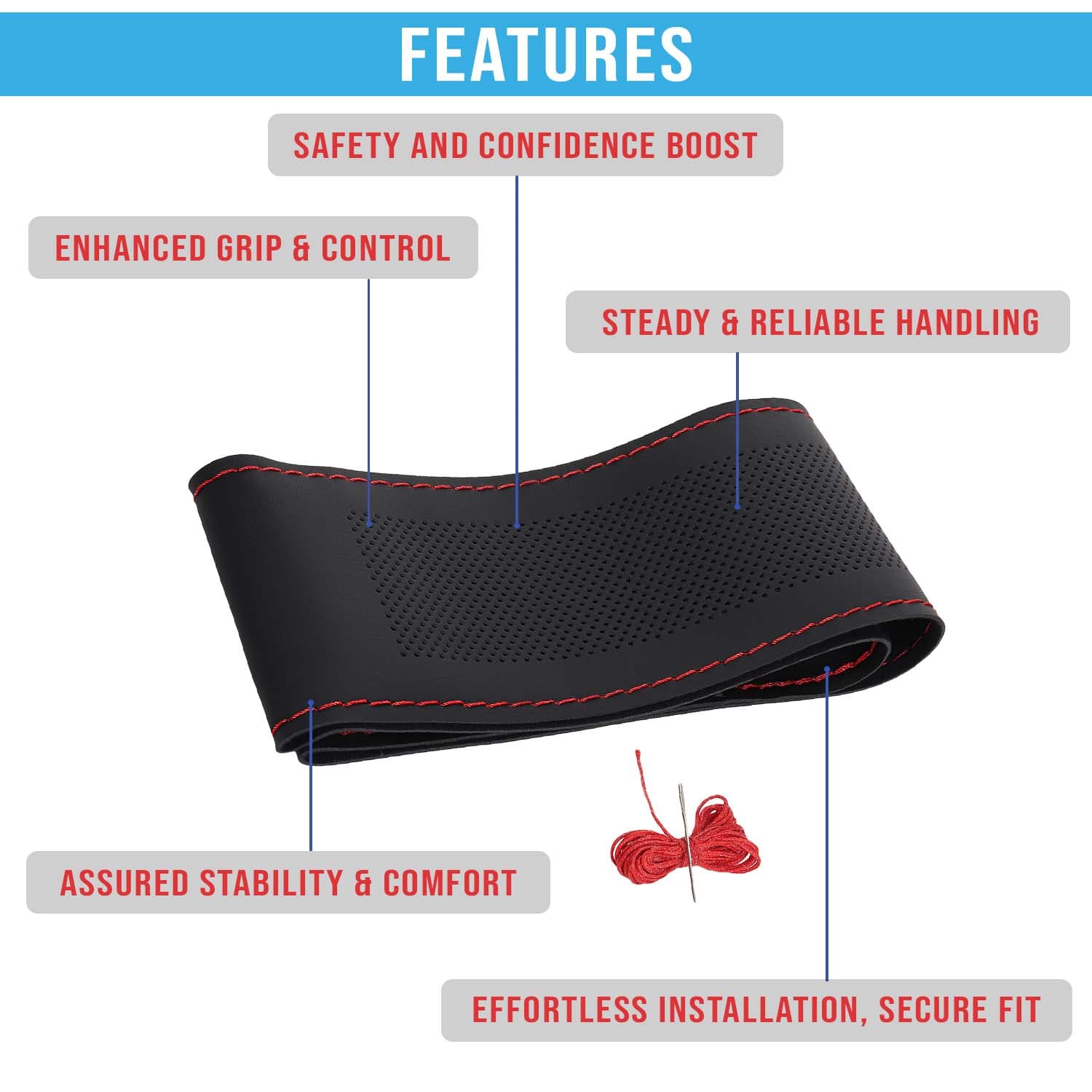 Honda Amaze Car Steering Wheel Cover PU Leatherite Sewable Compatible with (Year 2021 - 2022), Black Color with Red Thread, Pack of 1 with Sewing Needle and Thread
