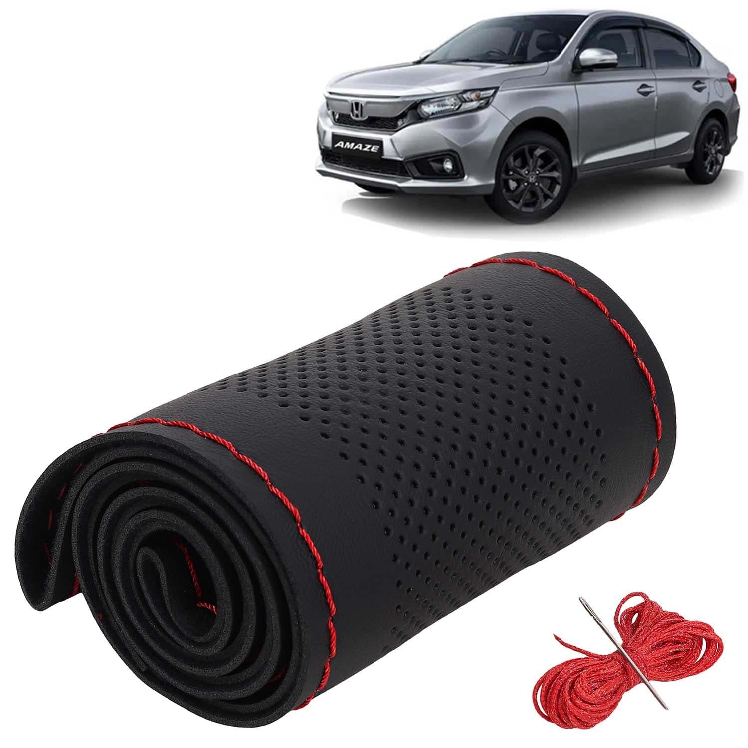 Honda Amaze Car Steering Wheel Cover PU Leatherite Sewable Compatible with (Year 2021 - 2022), Black Color with Red Thread, Pack of 1 with Sewing Needle and Thread