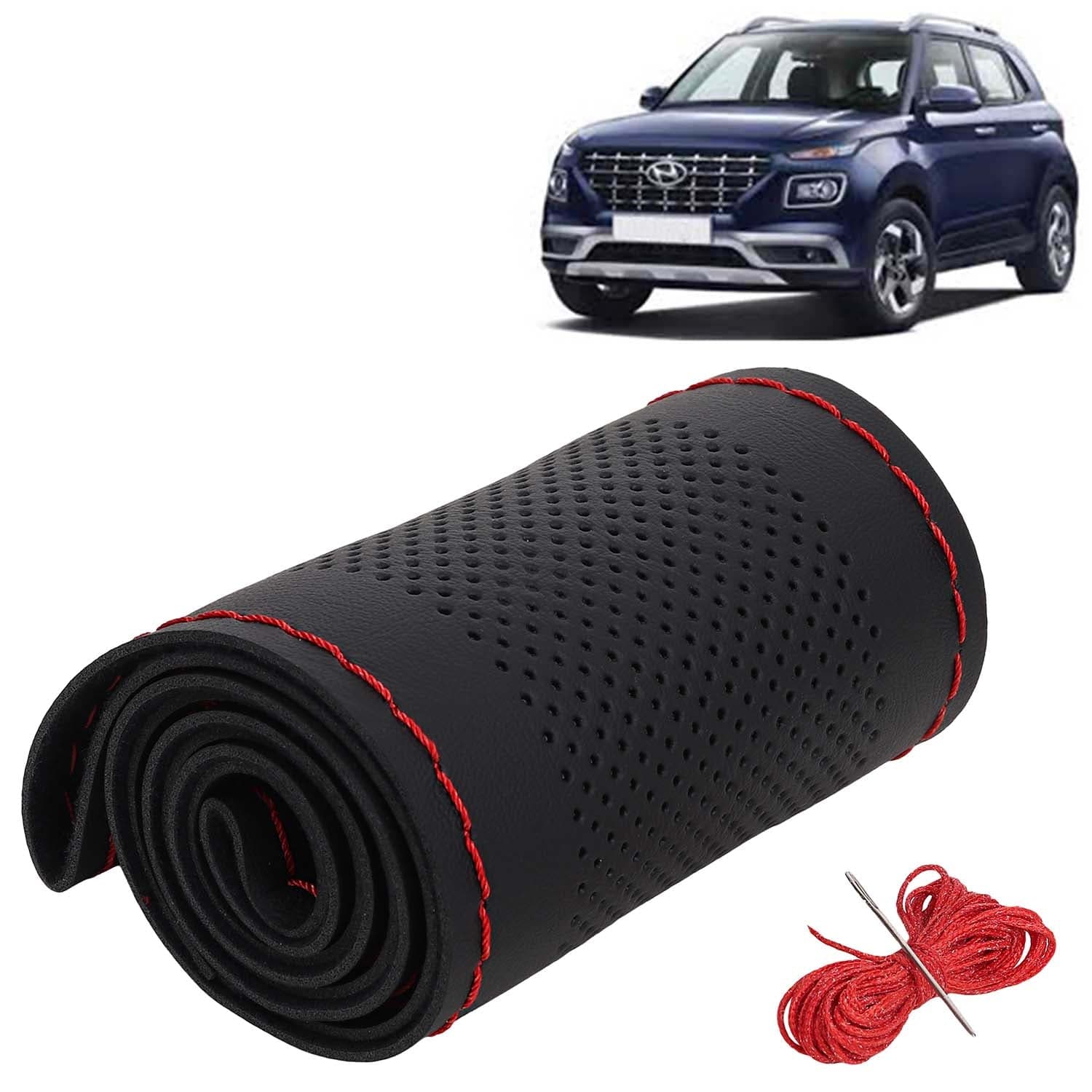 Hyundai Venue Car Steering Wheel Cover PU Leatherite Sewable Compatible with (Year 2019 - 2022), Black Color with Red Thread, Pack of 1 with Sewing Needle and Thread