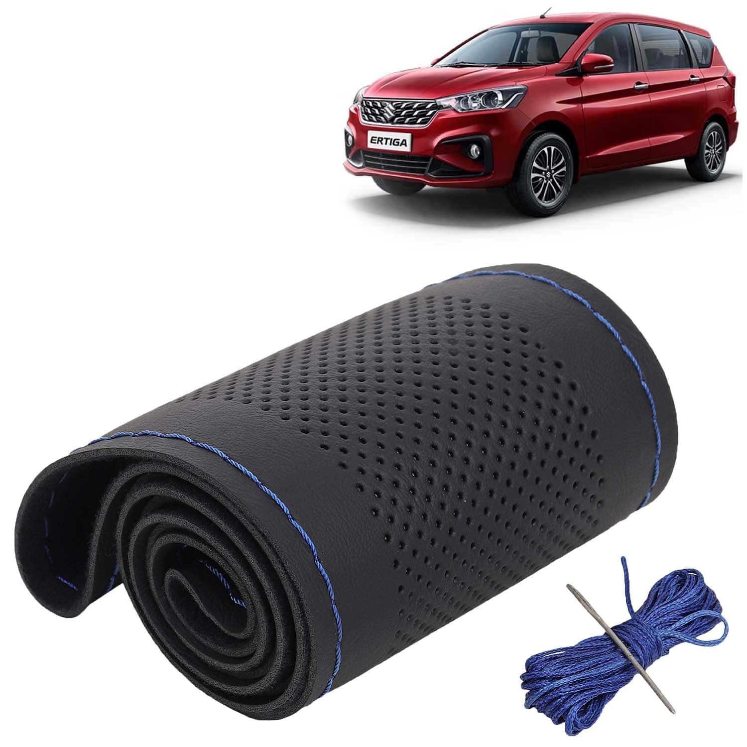 Maruti Suzuki Ertiga Car Steering Wheel Cover PU Leatherite Sewable Compatible with (Year 2022 Onwards), Black Color with Blue Thread, Pack of 1 with Sewing Needle and Thread