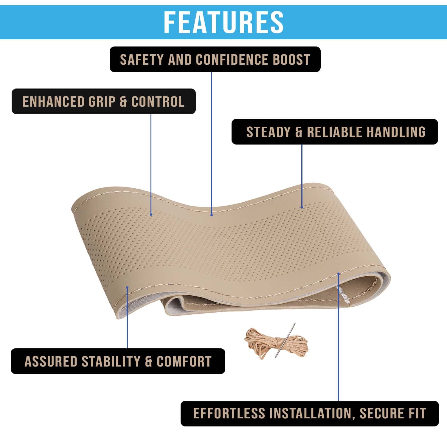 Maruti Suzuki S Cross Car Steering Wheel Cover PU Leatherite Sewable Compatible with (Year 2020 Onwards), Beige Color with Beige Thread, Pack of 1 with Sewing Needle and Thread