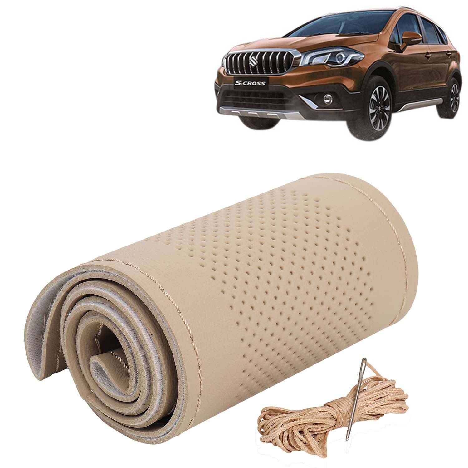 Maruti Suzuki S Cross Car Steering Wheel Cover PU Leatherite Sewable Compatible with (Year 2020 Onwards), Beige Color with Beige Thread, Pack of 1 with Sewing Needle and Thread
