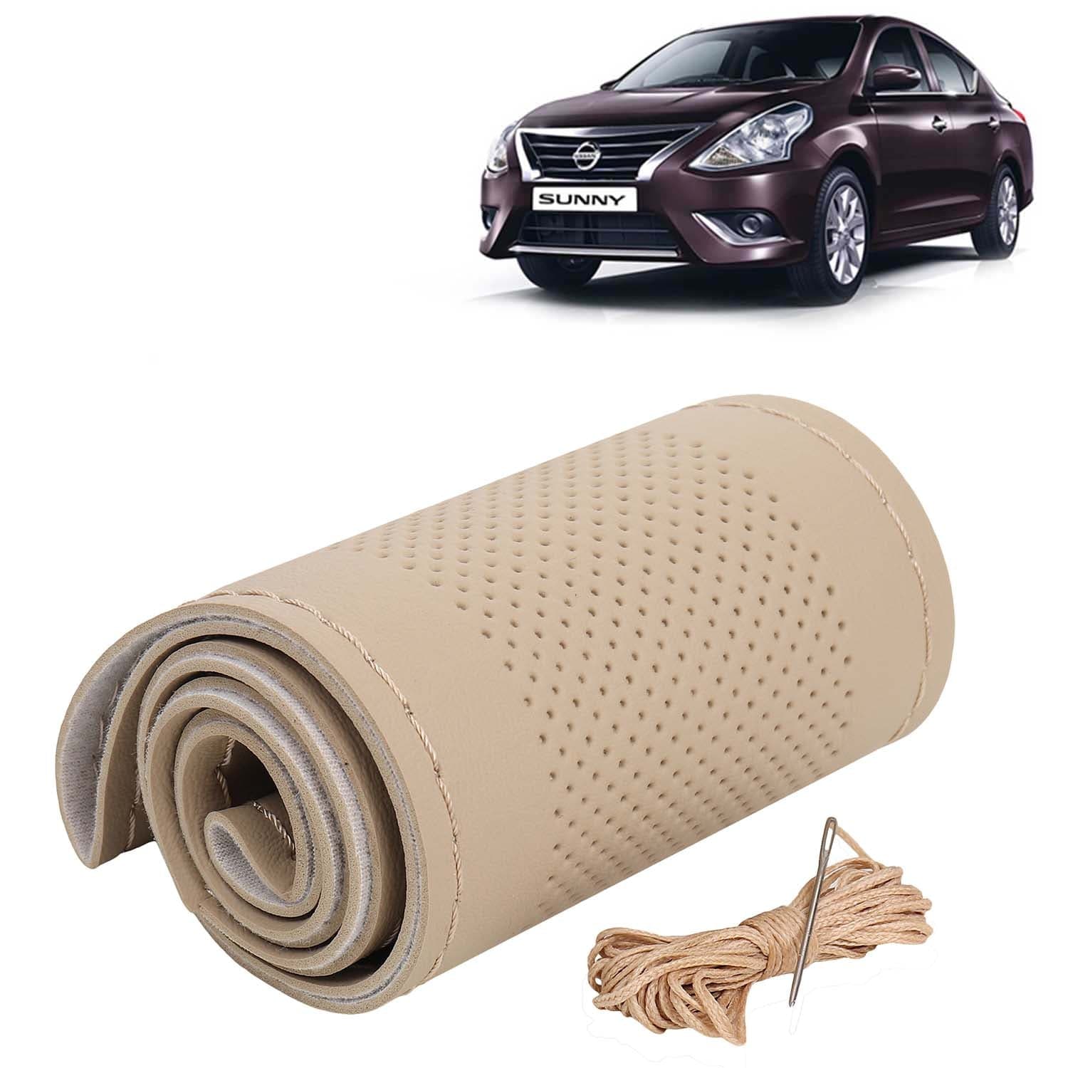 Nissan Sunny Car Steering Wheel Cover PU Leatherite Sewable Compatible with (Year 2014 Onwards), Beige Color with Beige Thread, Pack of 1 with Sewing Needle and Thread
