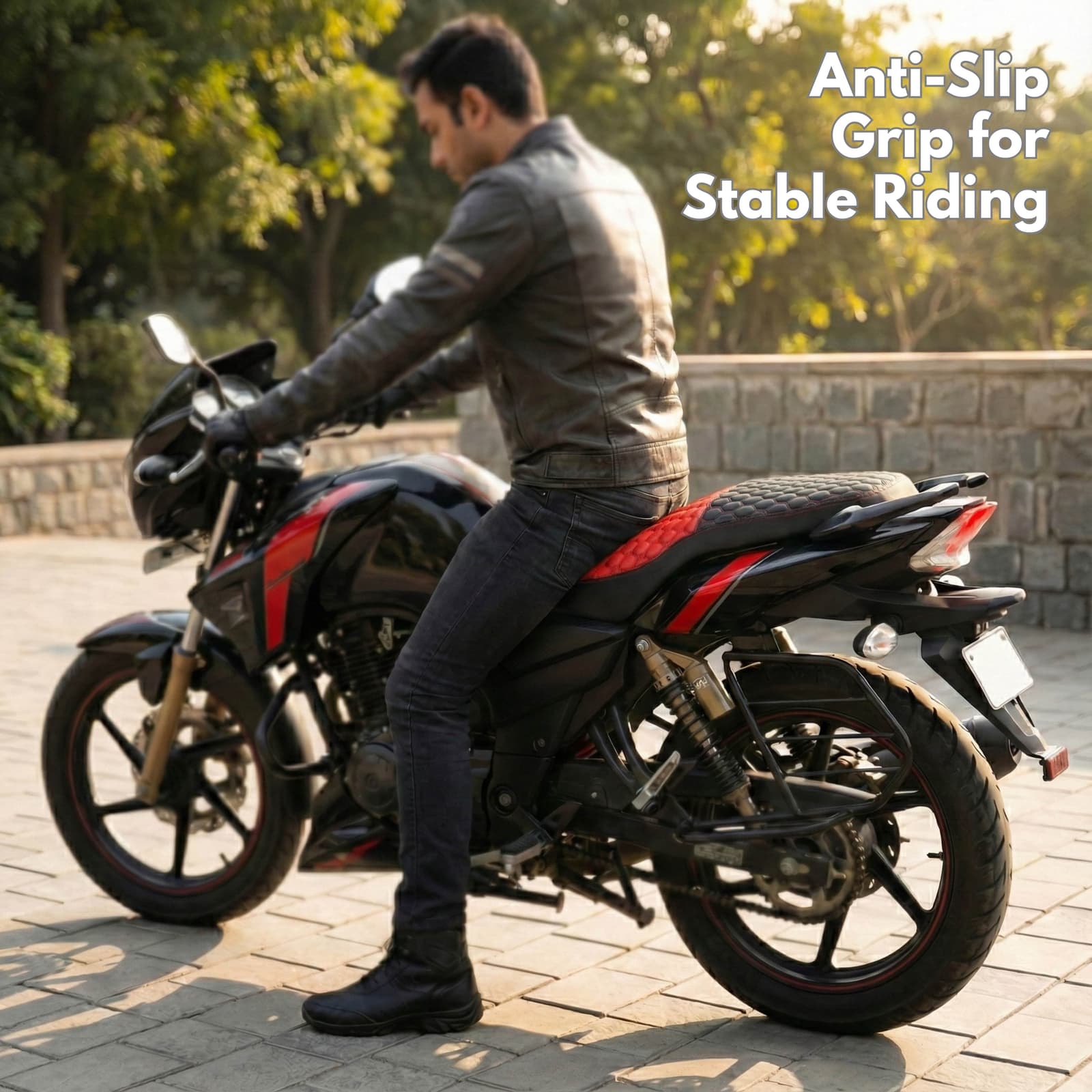 Premium Bike Seat Cover for Yezdi Scrambler | Nappa Art Leather Series | Single Seat - Red+Black