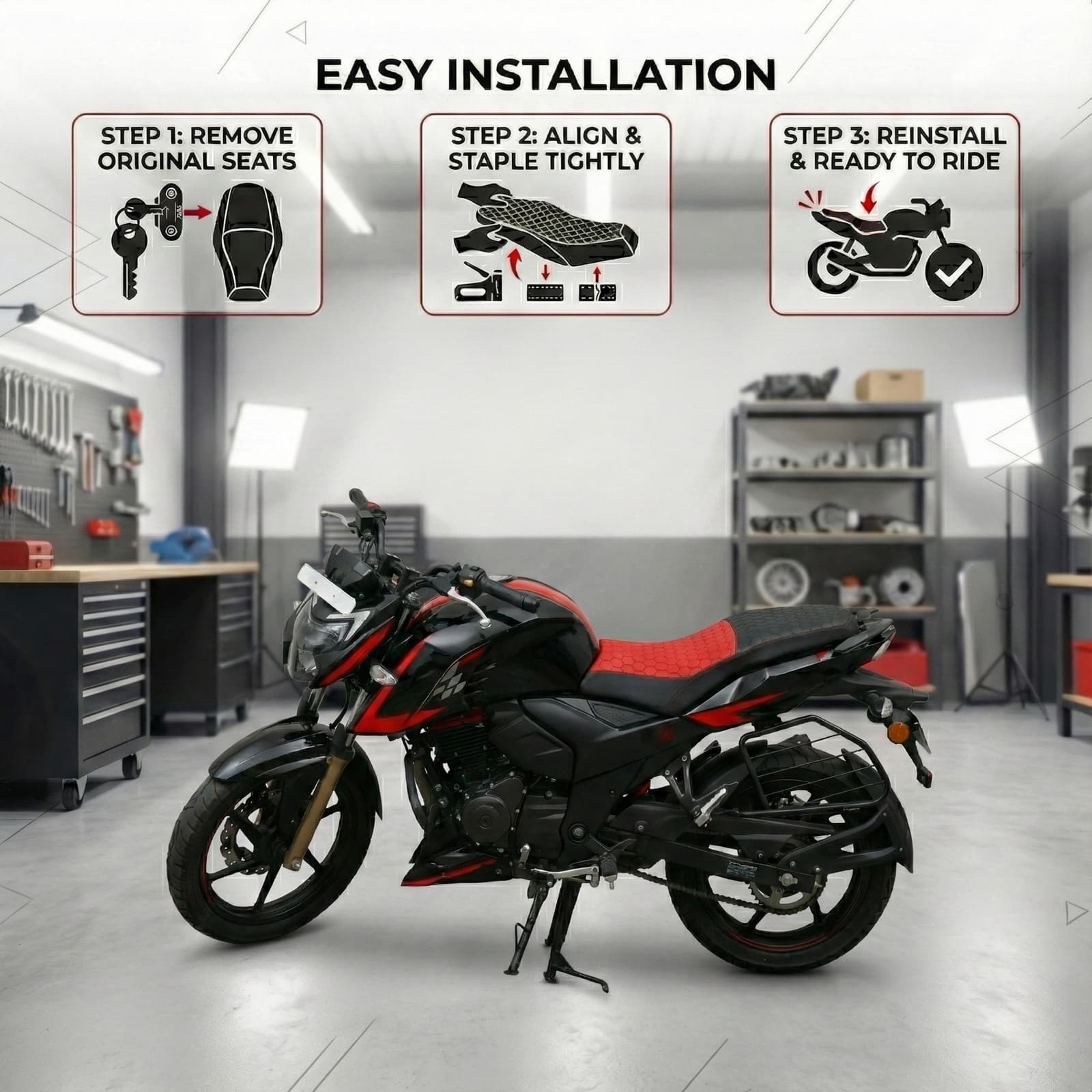 Premium Bike Seat Cover for Yezdi Scrambler | Nappa Art Leather Series | Single Seat - Red+Black