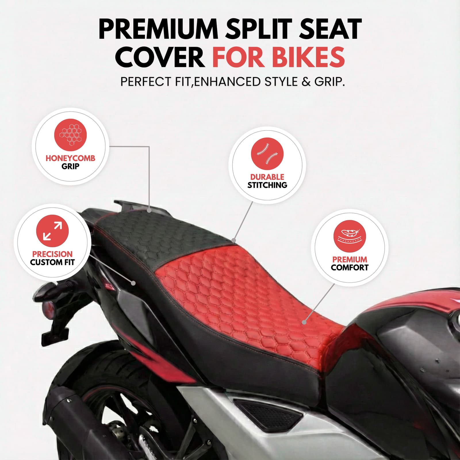 Premium Bike Seat Cover for Yezdi Scrambler | Nappa Art Leather Series | Single Seat - Red+Black