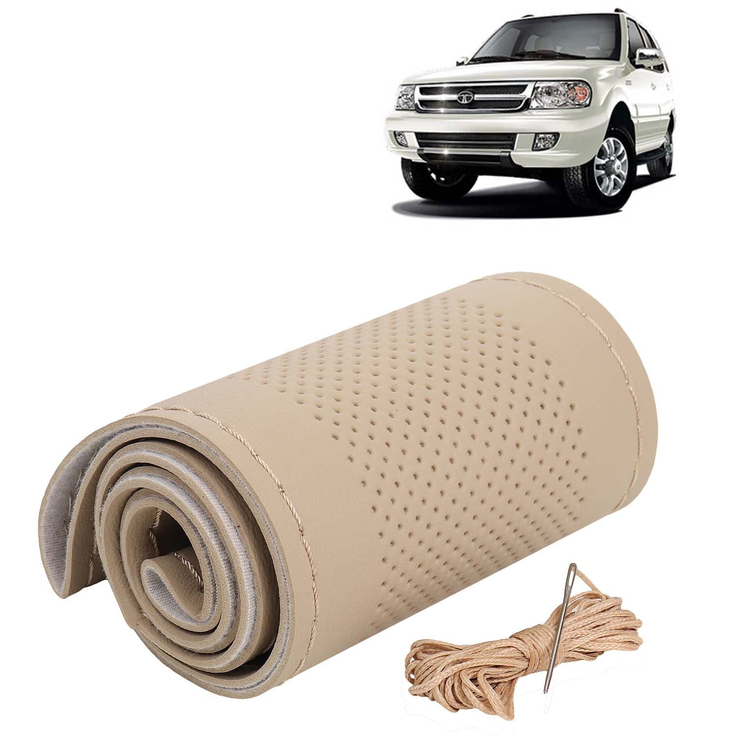 Tata Safari Dicor Car Steering Wheel Cover PU Leatherite Sewable Compatible with (Year 1998 - 2012), Beige Color with Beige Thread, Pack of 1 with Sewing Needle and Thread